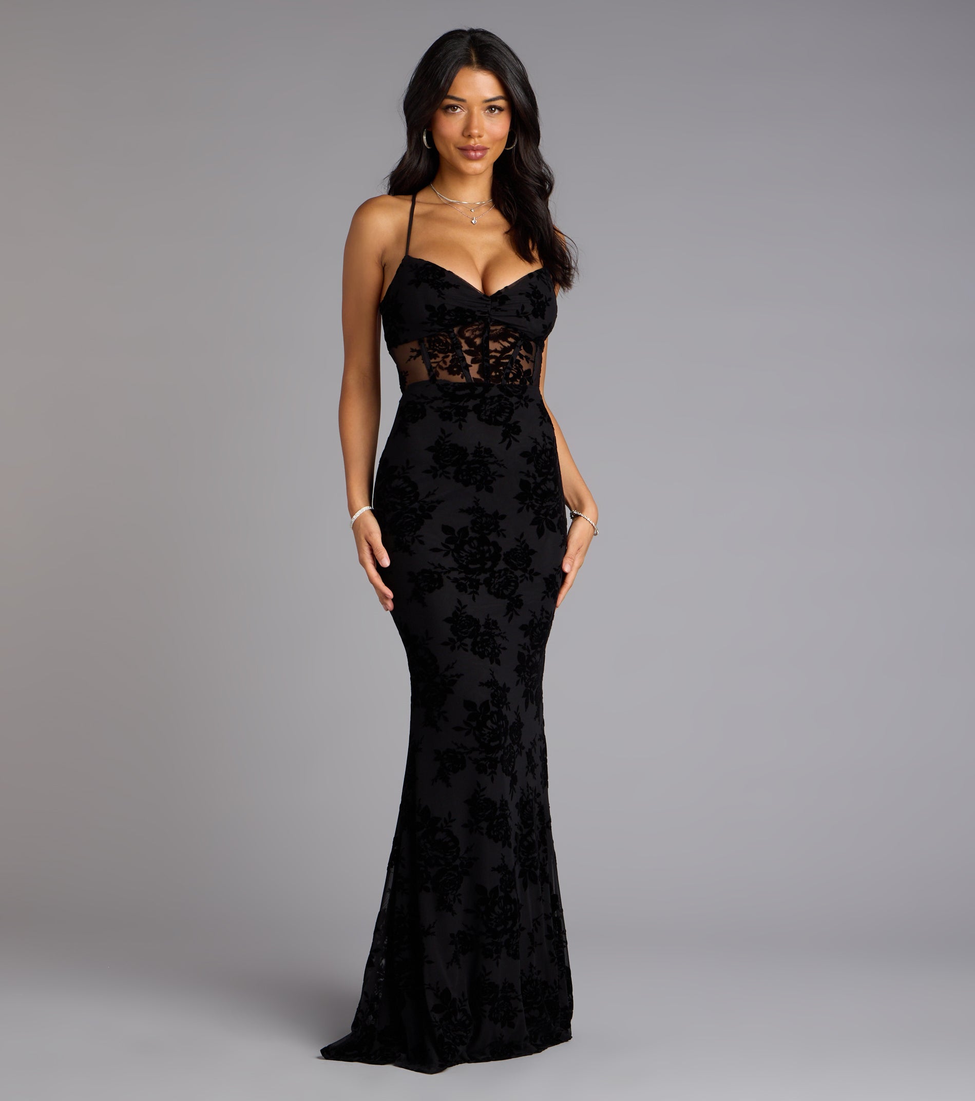 Bethany Lace-Up Mesh Mermaid Formal Dress - BLACK