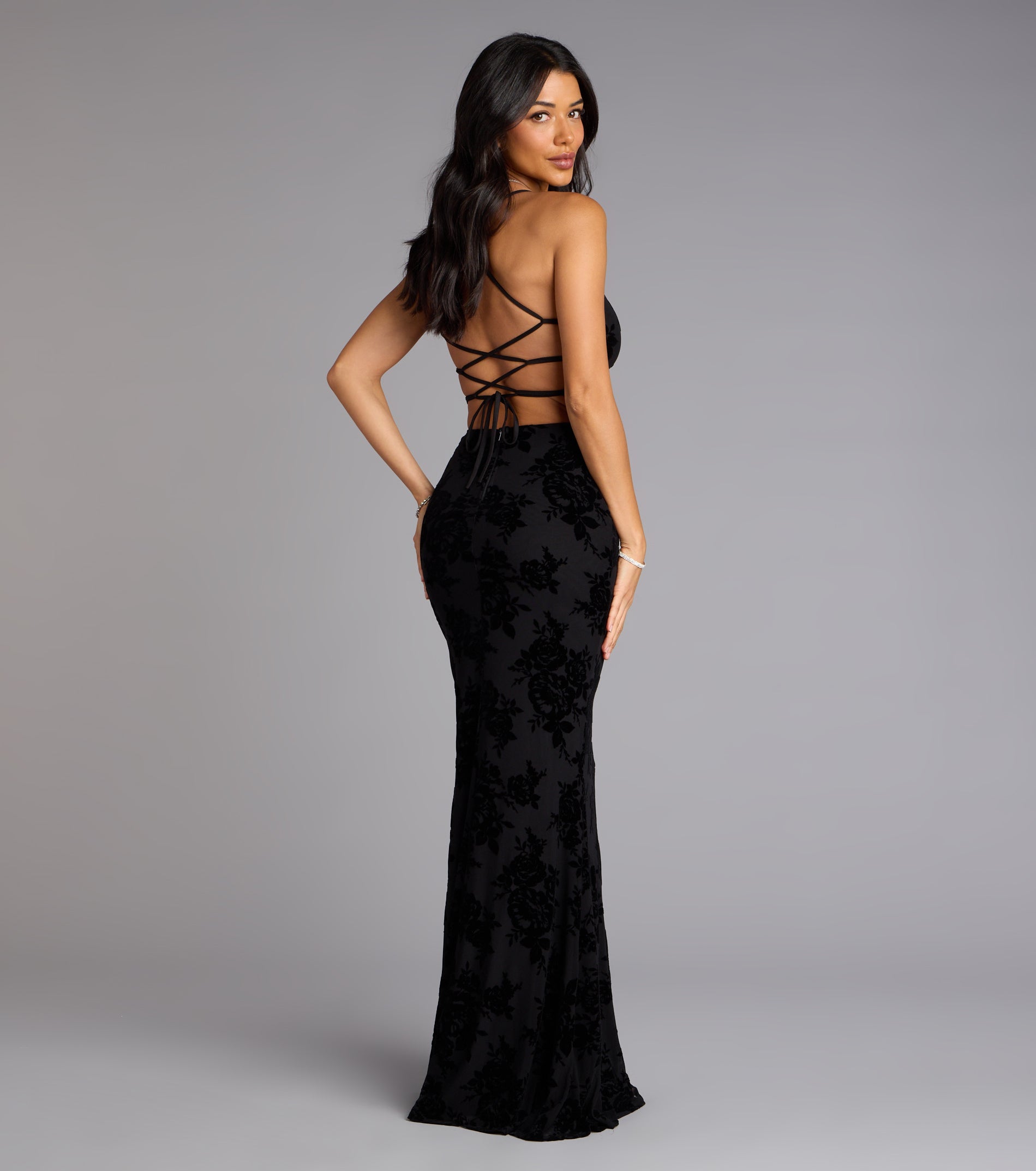 Bethany Lace-Up Mesh Mermaid Formal Dress - BLACK