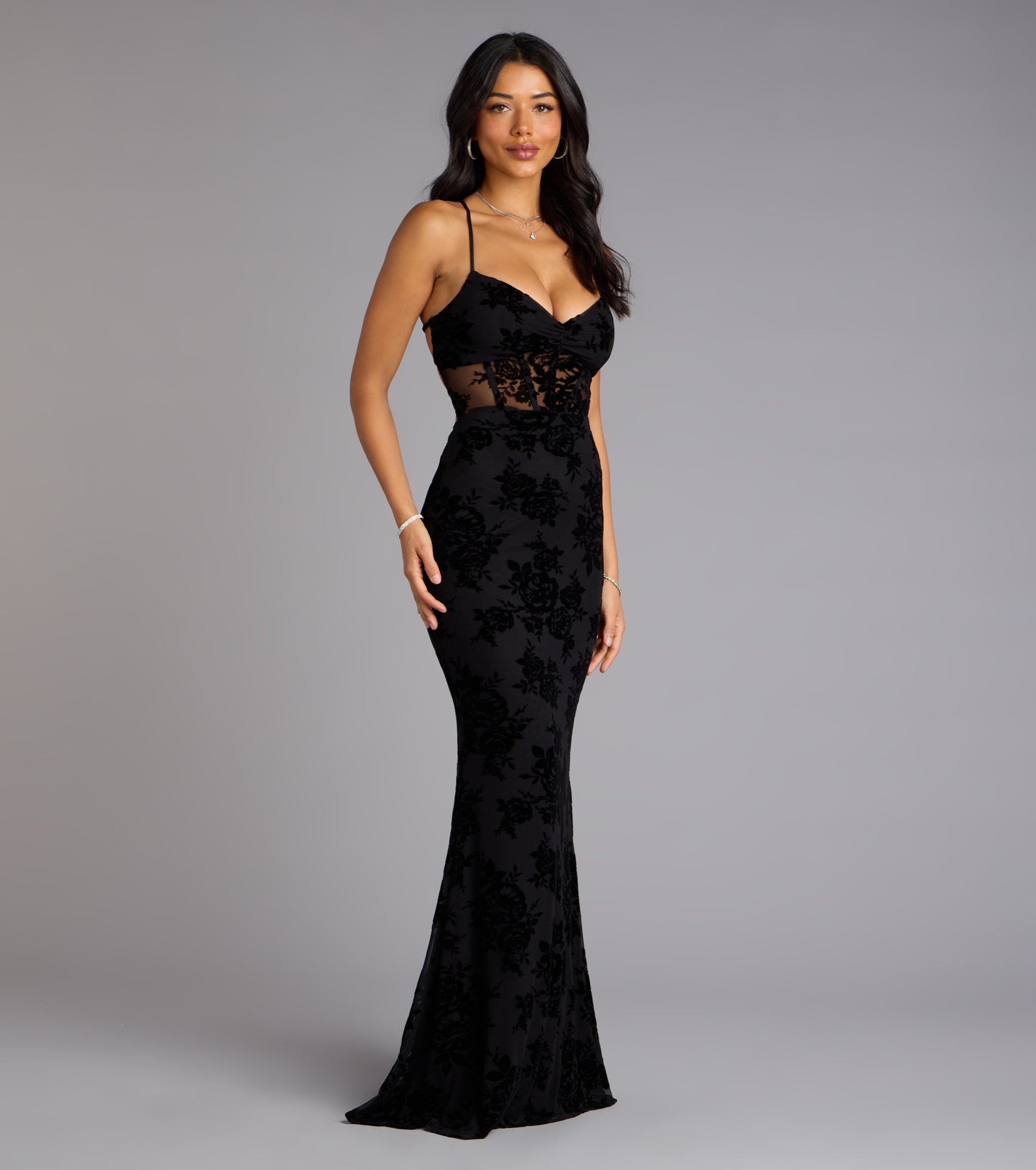 Bethany Lace-Up Mesh Mermaid Formal Dress - BLACK