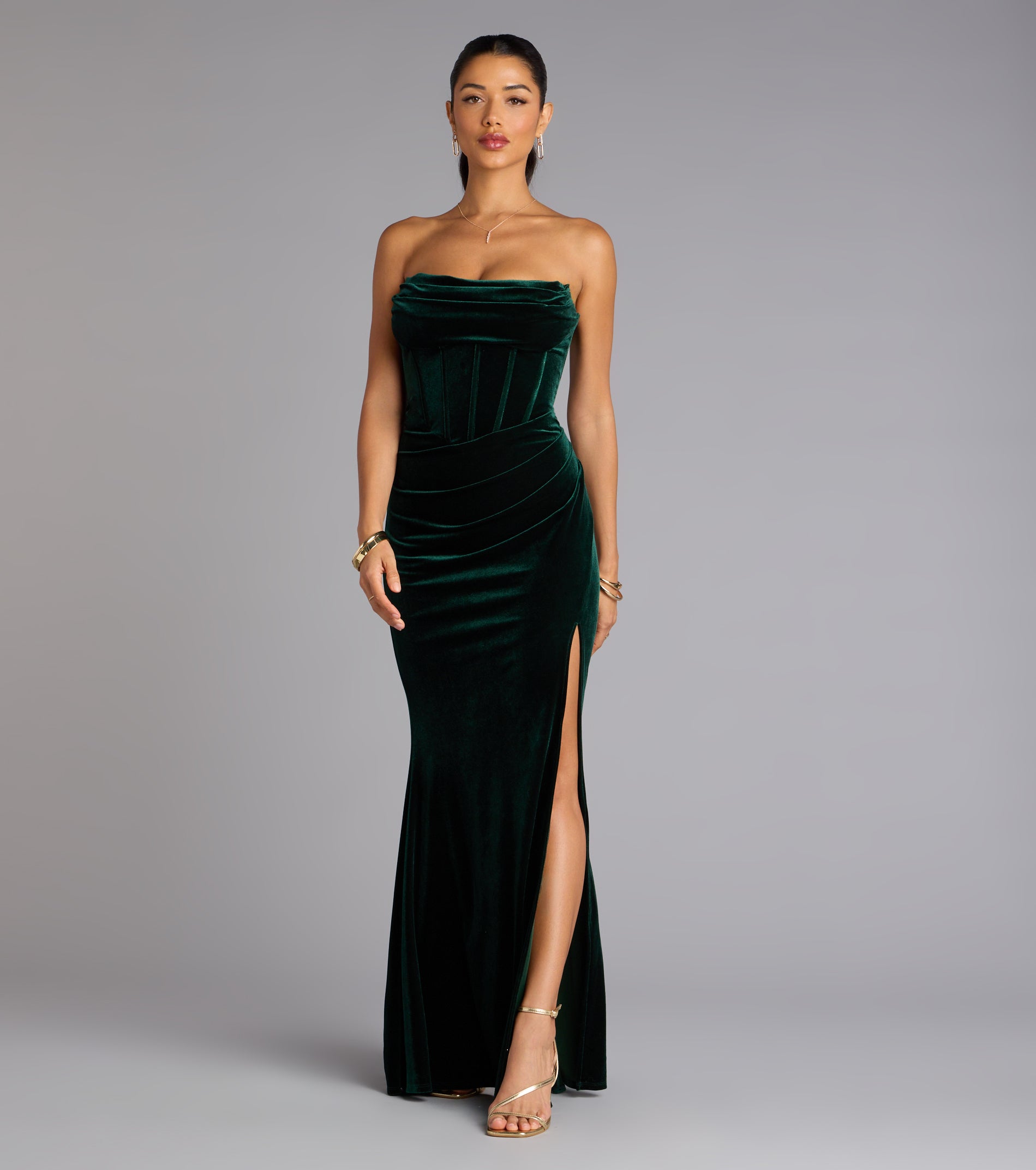 Julia Velvet Corset High Slit Mermaid Dress - HUNTER