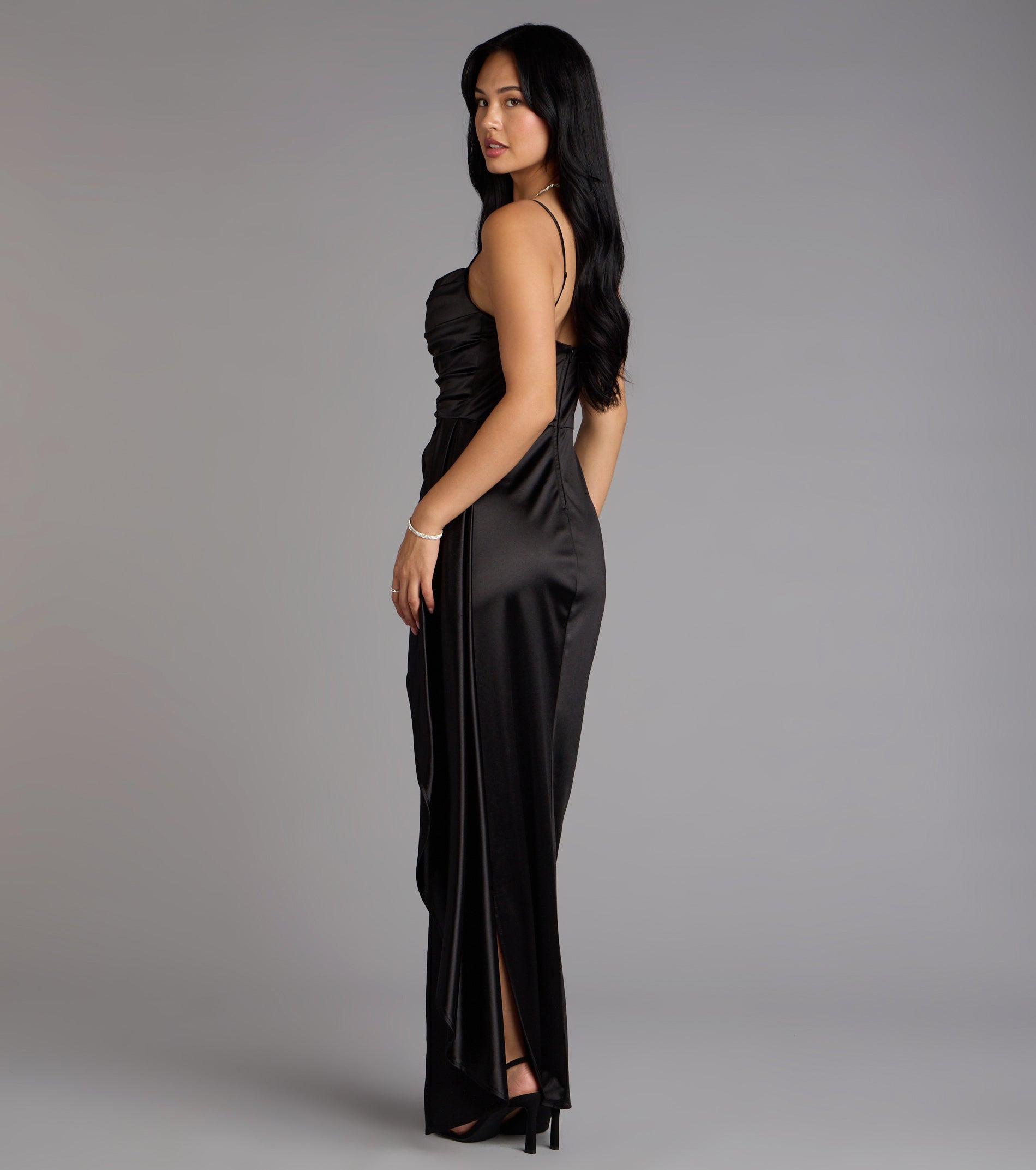 Danika Satin Mermaid Sash Formal Dress - BLACK