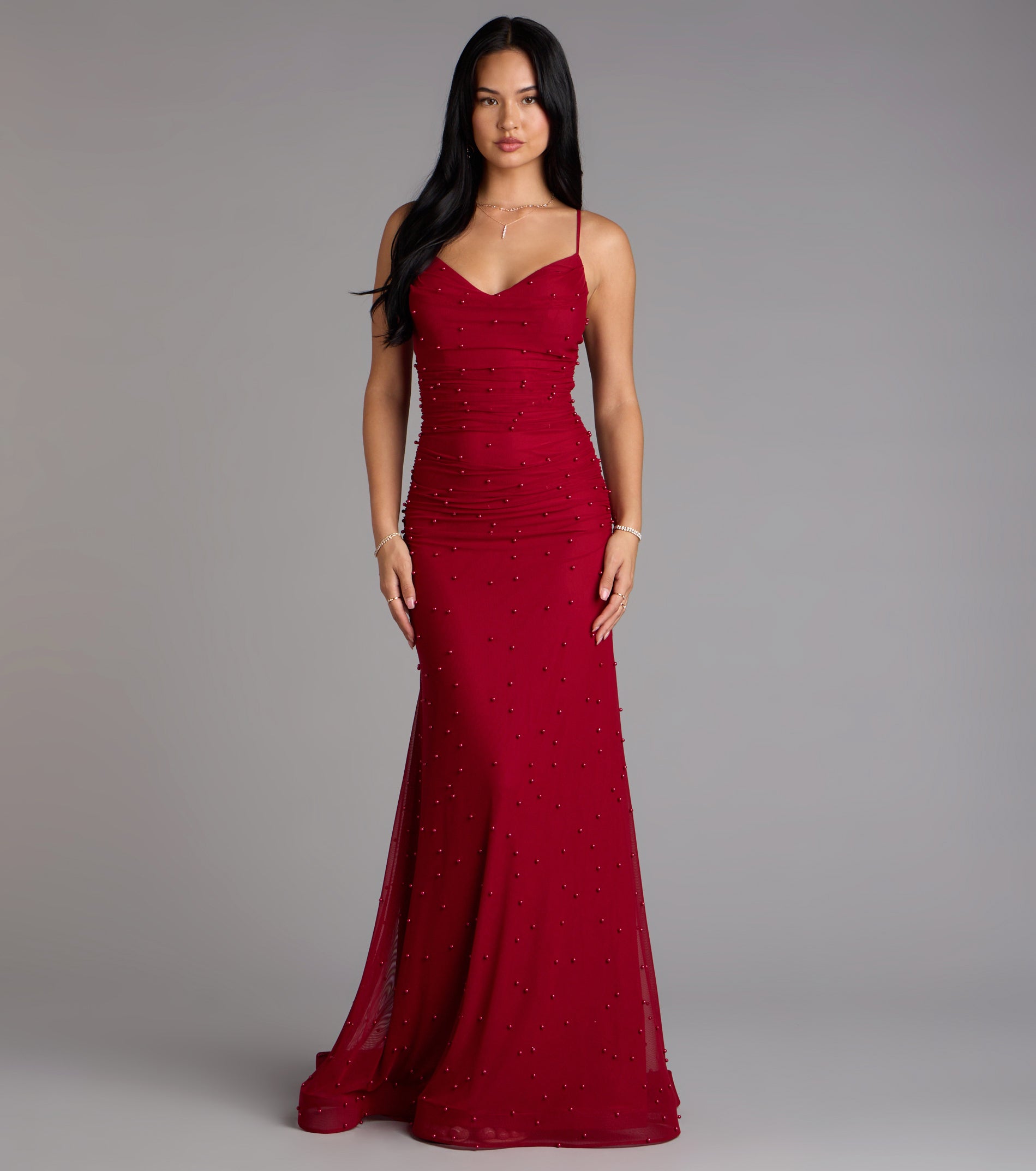 Adrianna Faux Pearl Mermaid Formal Dress - RED