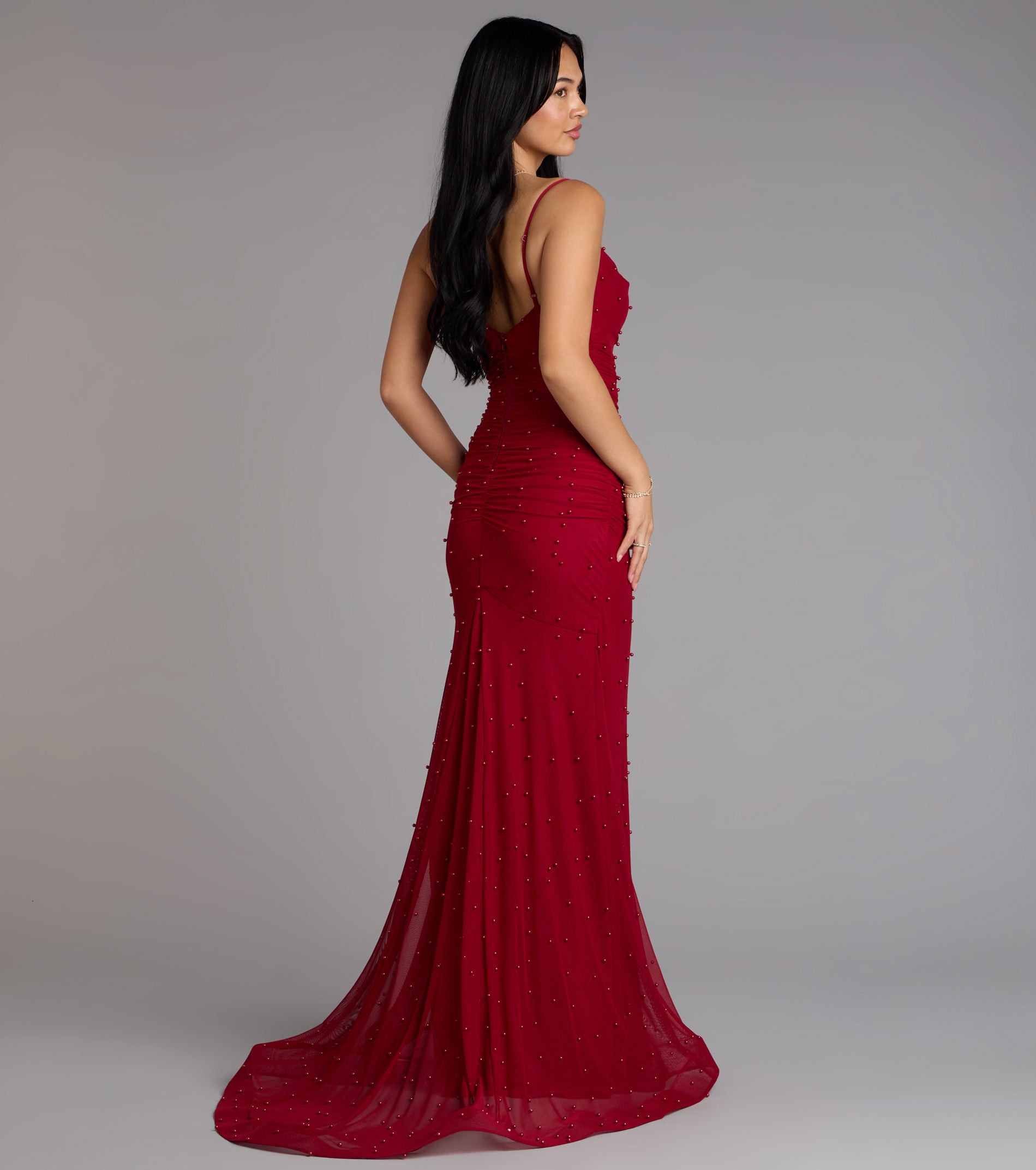 Adrianna Faux Pearl Mermaid Formal Dress - RED