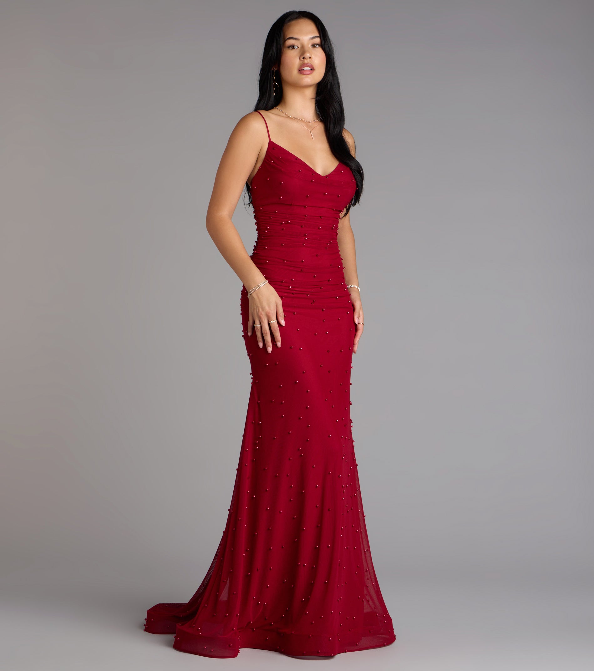 Adrianna Faux Pearl Mermaid Formal Dress - RED