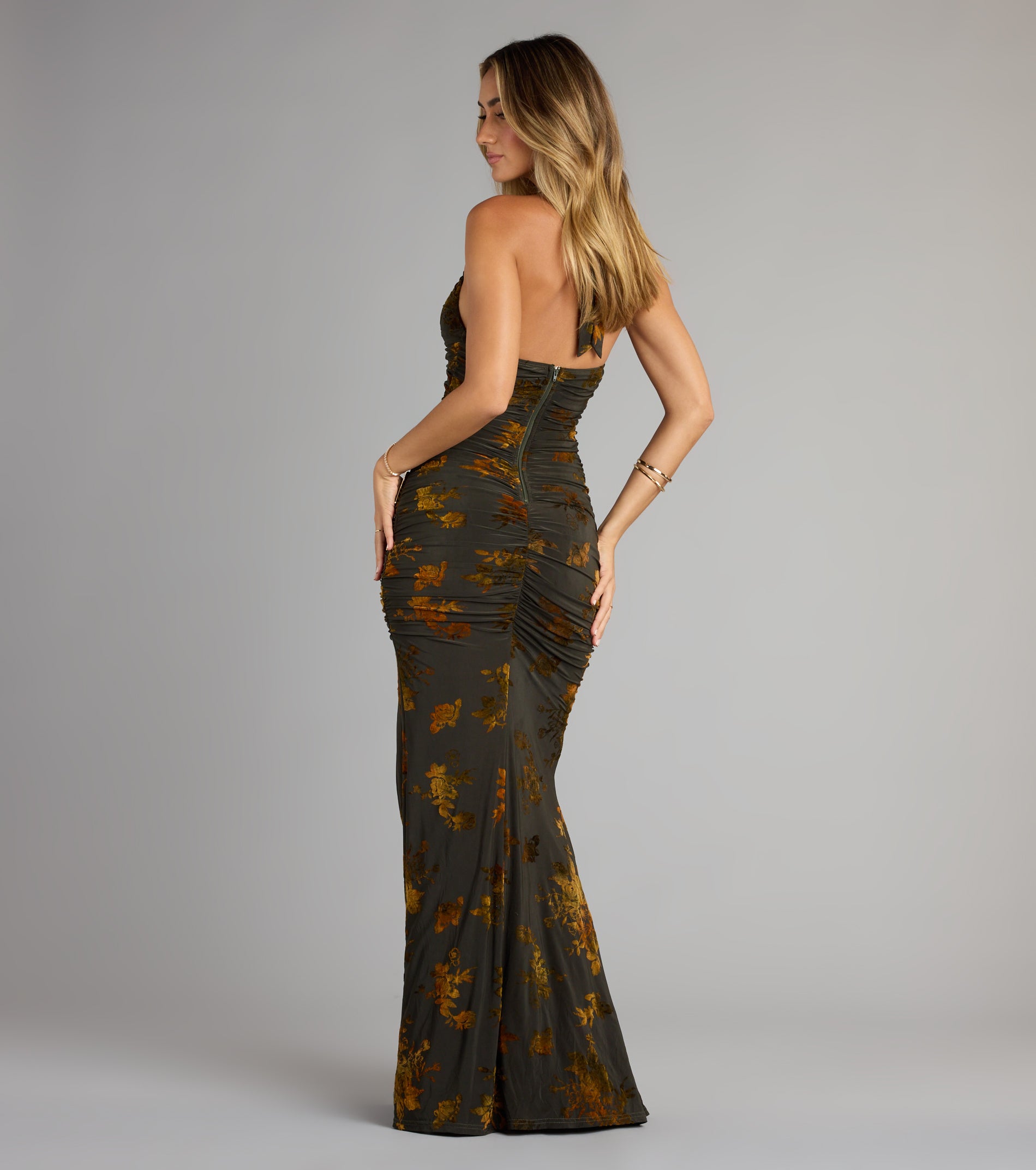 Martha Flocked Floral Velvet Mermaid Formal Dress - HUNTER