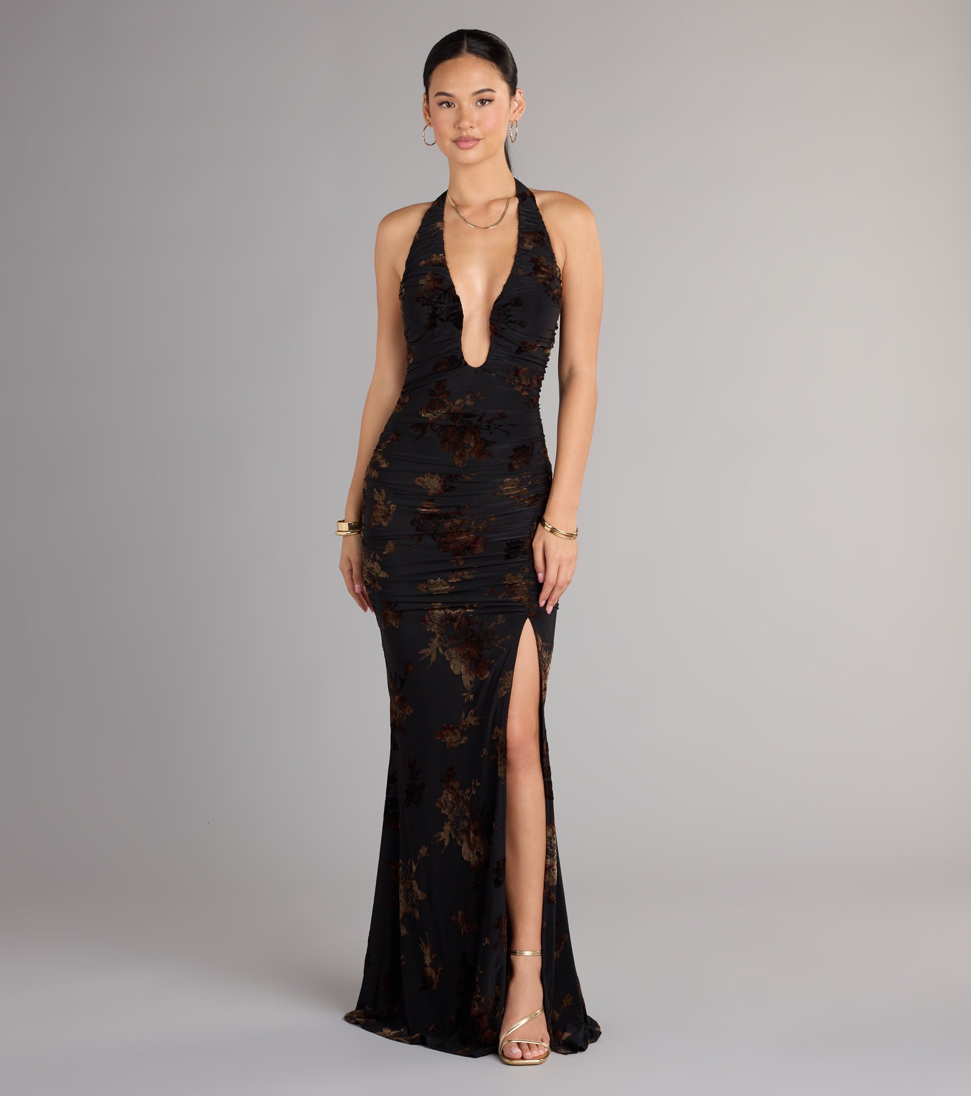 Martha Flocked Floral Velvet Mermaid Formal Dress - BLACK