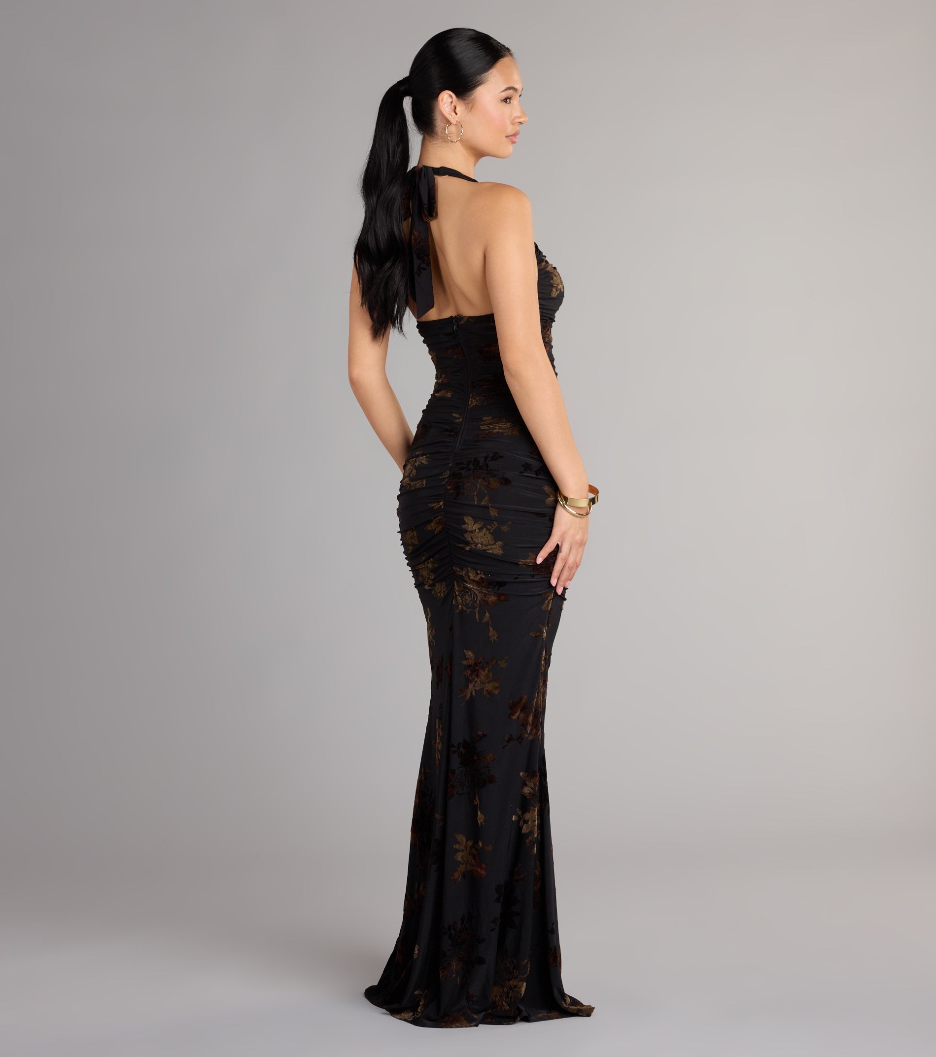 Martha Flocked Floral Velvet Mermaid Formal Dress - BLACK