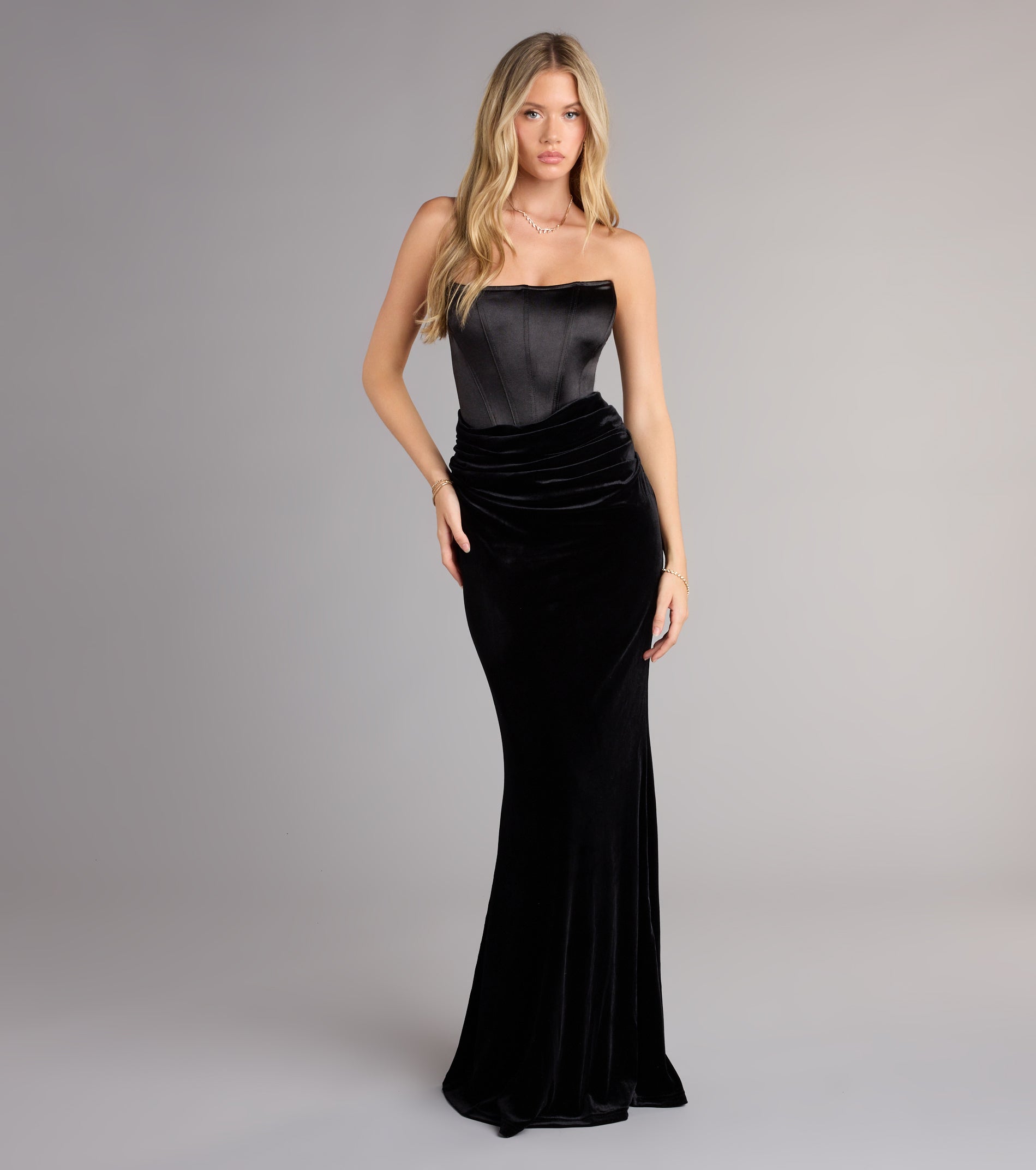 Zoya Satin Corset Velvet Mermaid Dress - BLACK