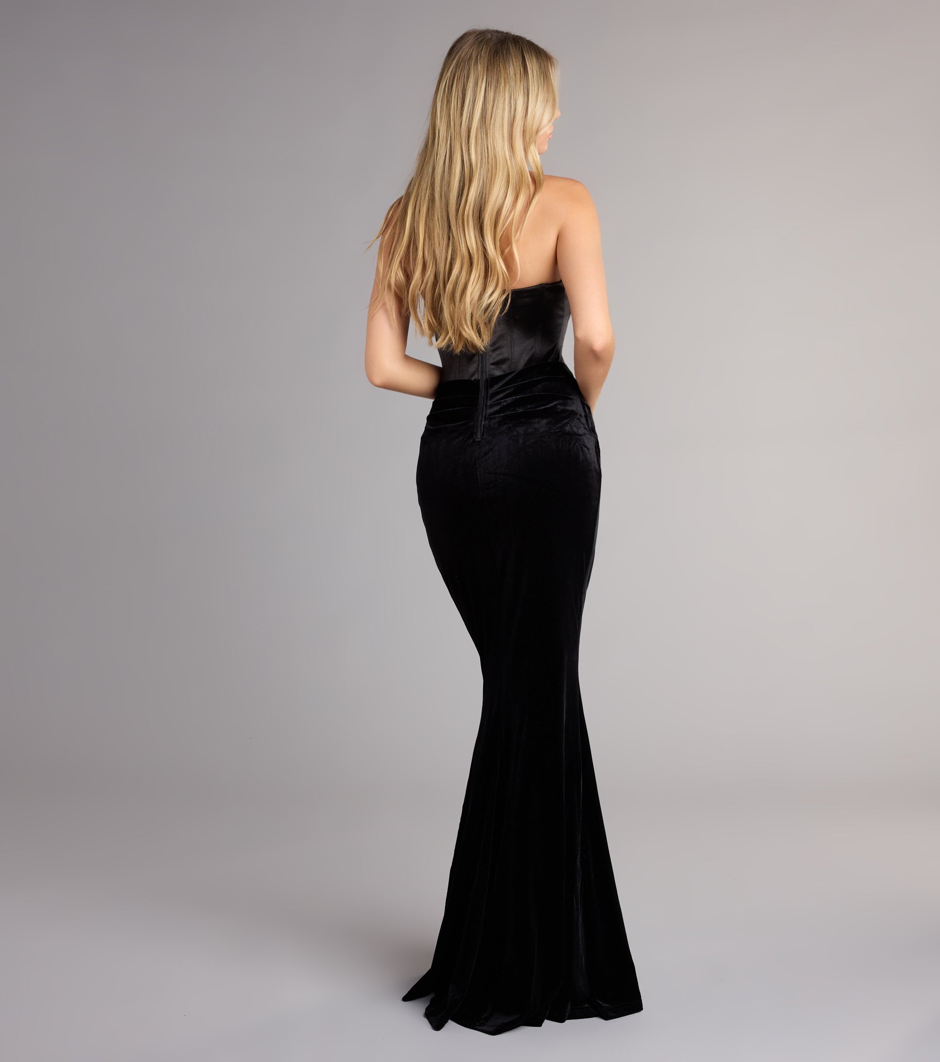 Zoya Satin Corset Velvet Mermaid Dress - BLACK