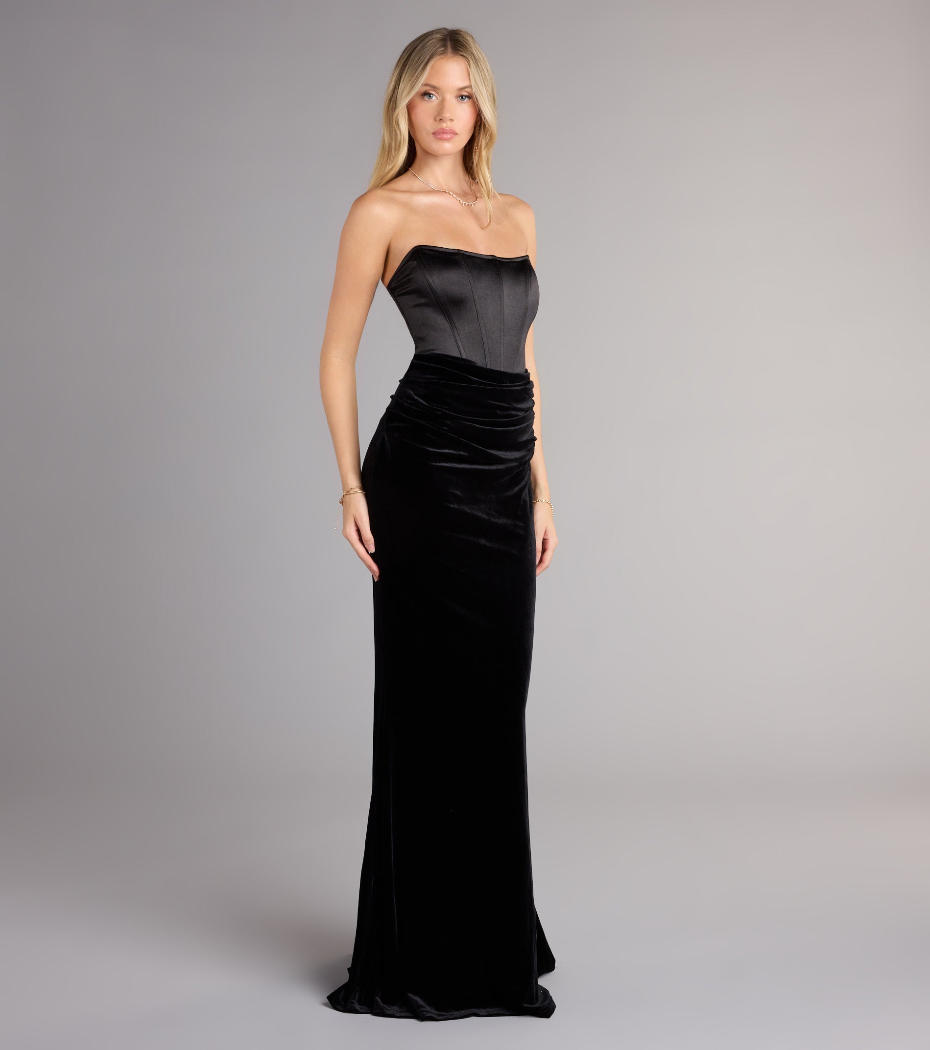 Zoya Satin Corset Velvet Mermaid Dress - BLACK