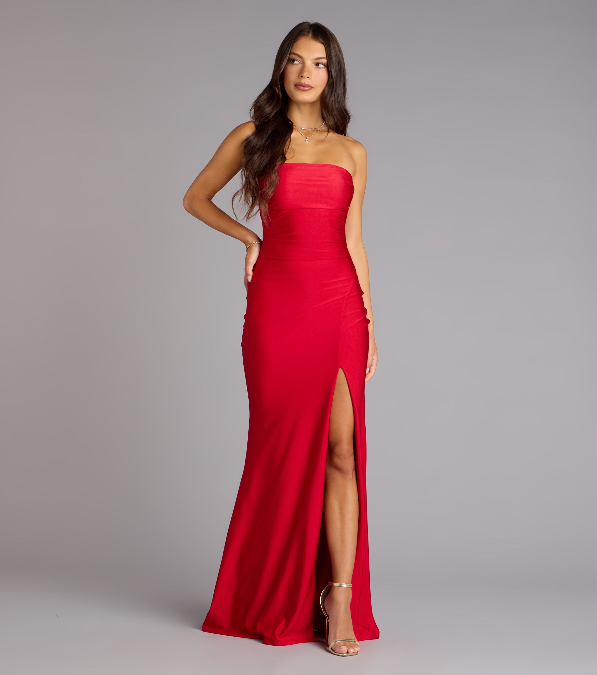 Cheryl Strapless Slit Mermaid Formal Dress - RED