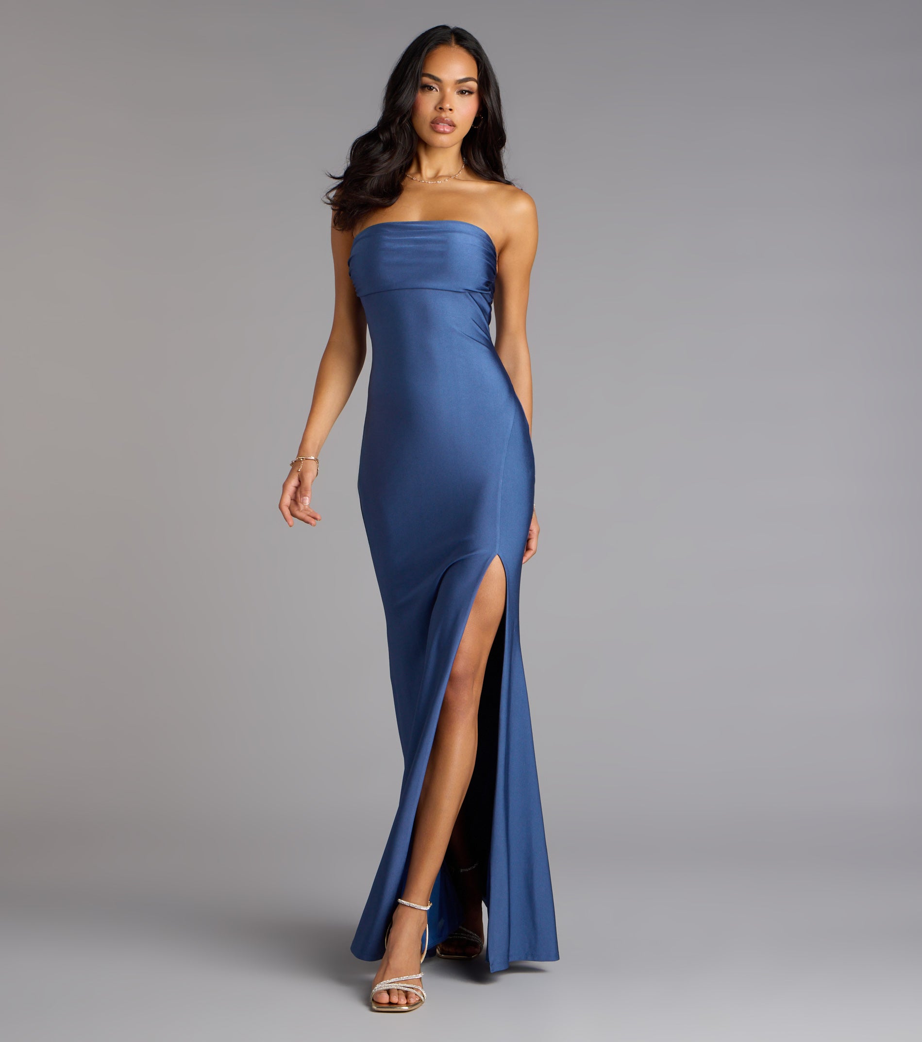Cheryl Strapless Slit Mermaid Formal Dress - DENIM