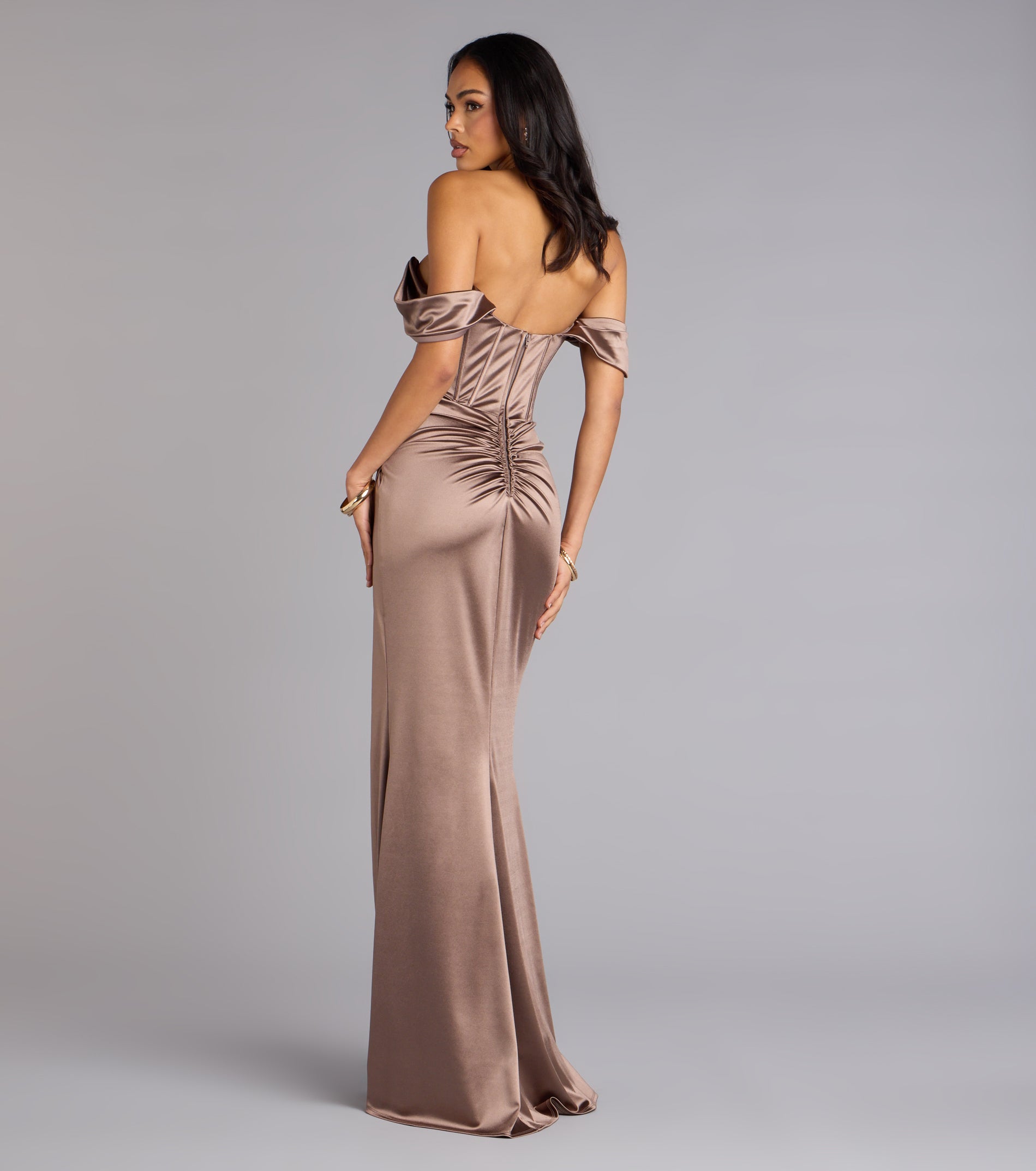 Lilia Off-The-Shoulder Corset Mermaid Dress - BROWN