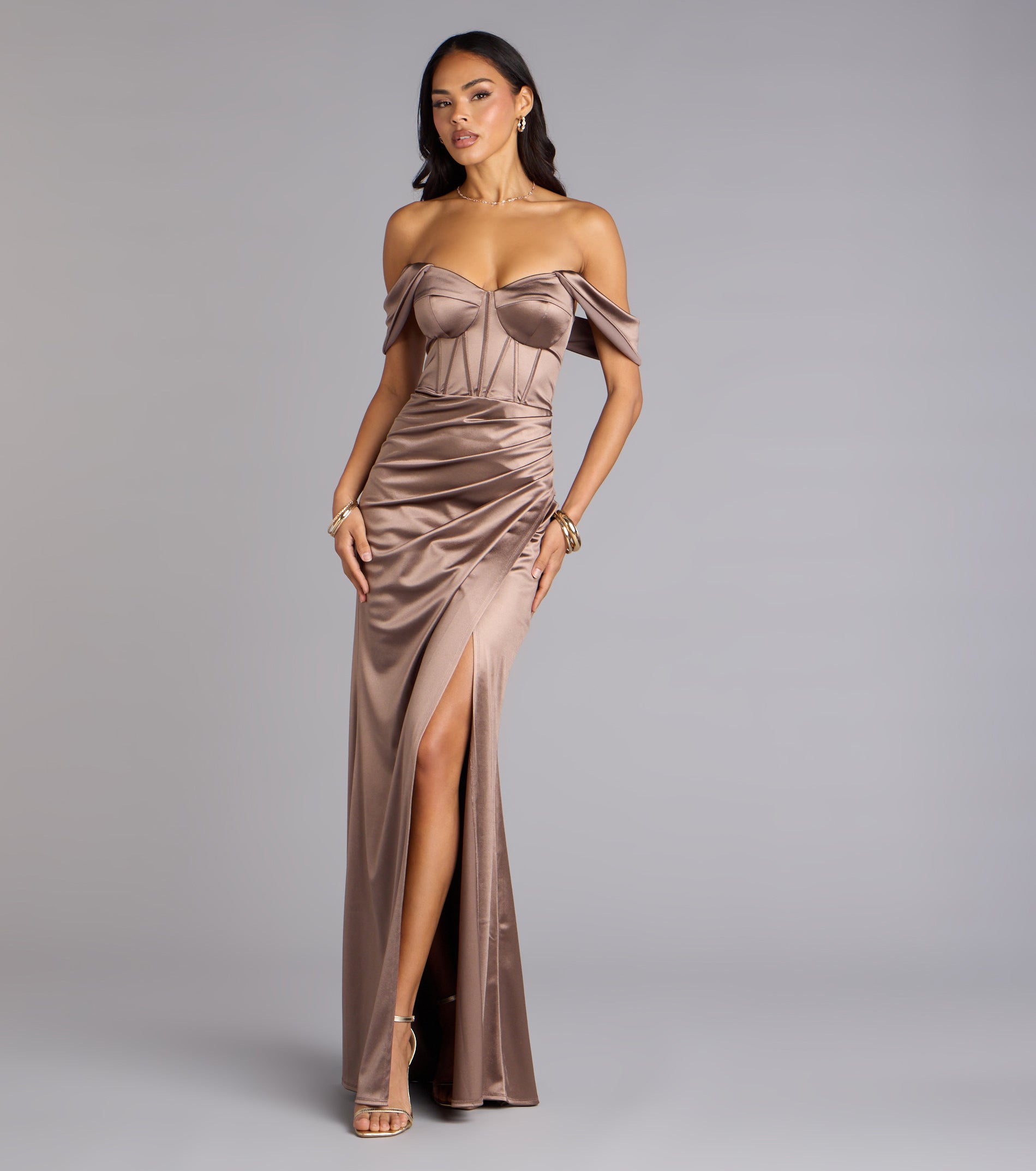 Lilia Off-The-Shoulder Corset Mermaid Dress - BROWN
