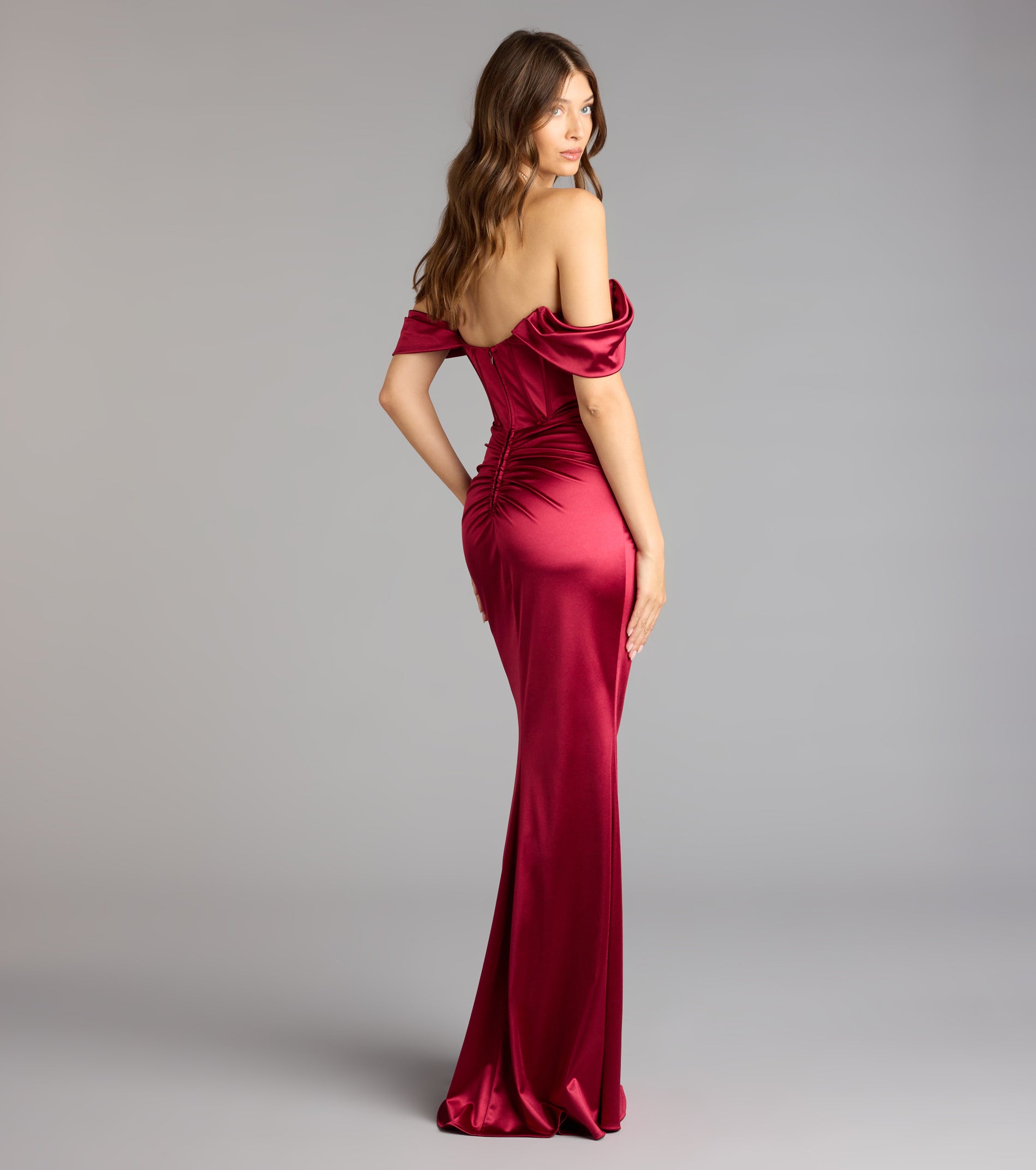 Lilia Off-The-Shoulder Corset Mermaid Dress - WINE