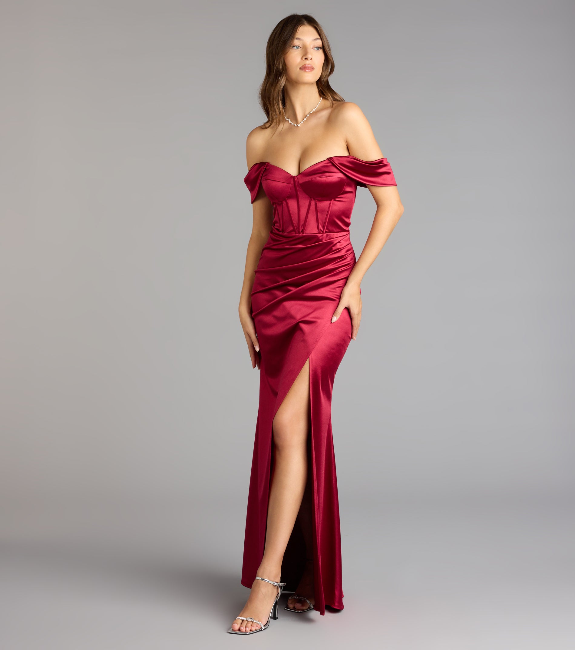 Lilia Off-The-Shoulder Corset Mermaid Dress - WINE