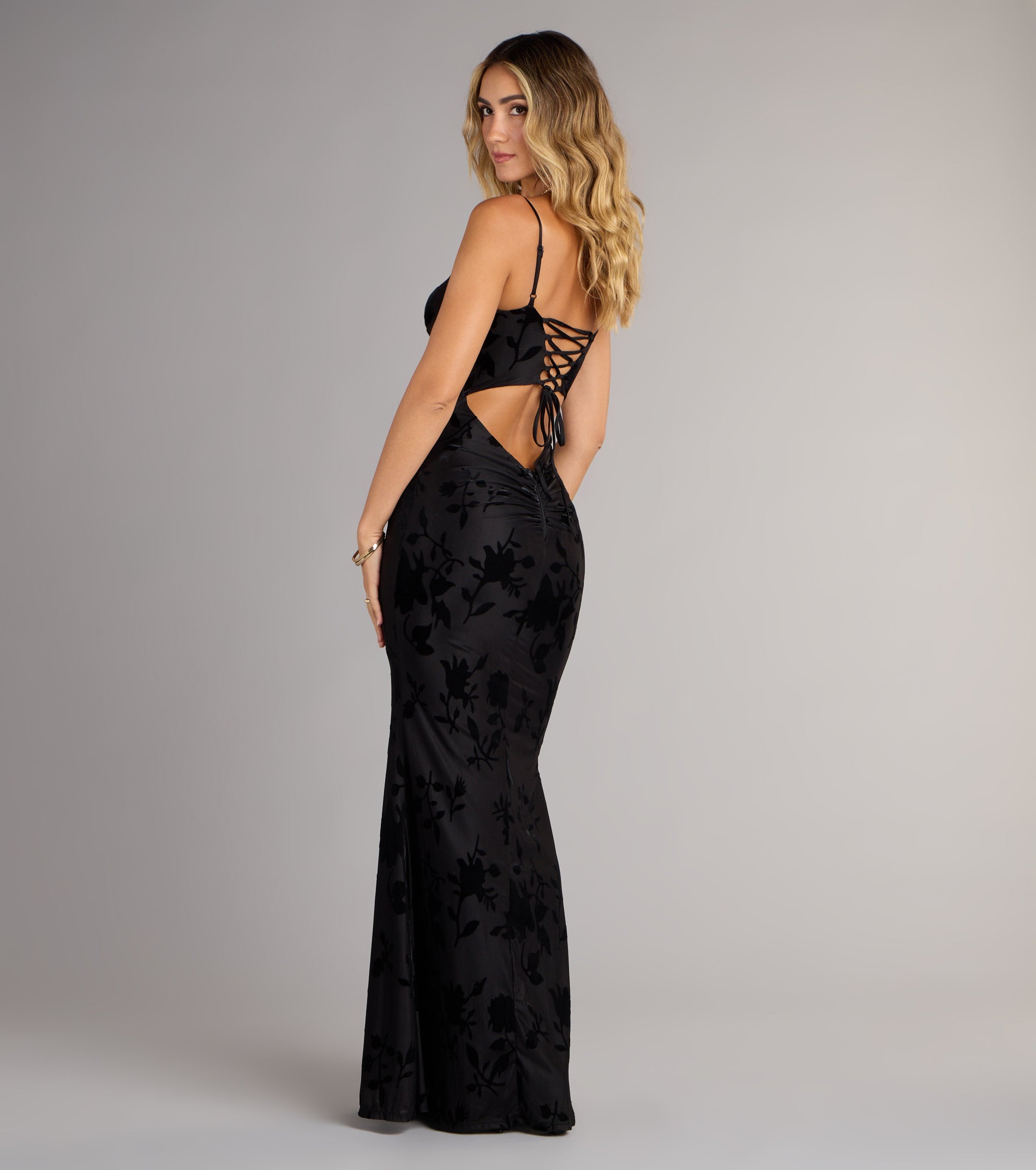 Helena Floral Velvet Burnout Mermaid Dress - BLACK