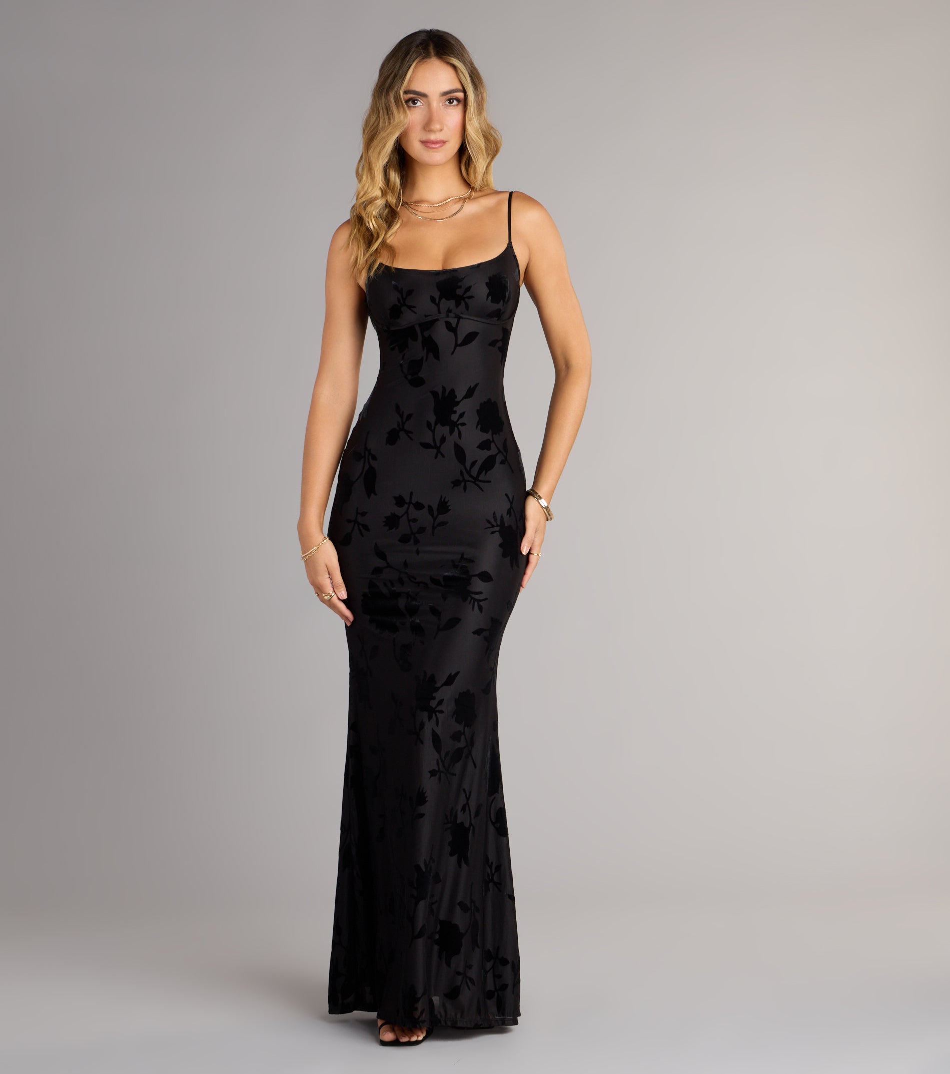 Helena Floral Velvet Burnout Mermaid Dress - BLACK