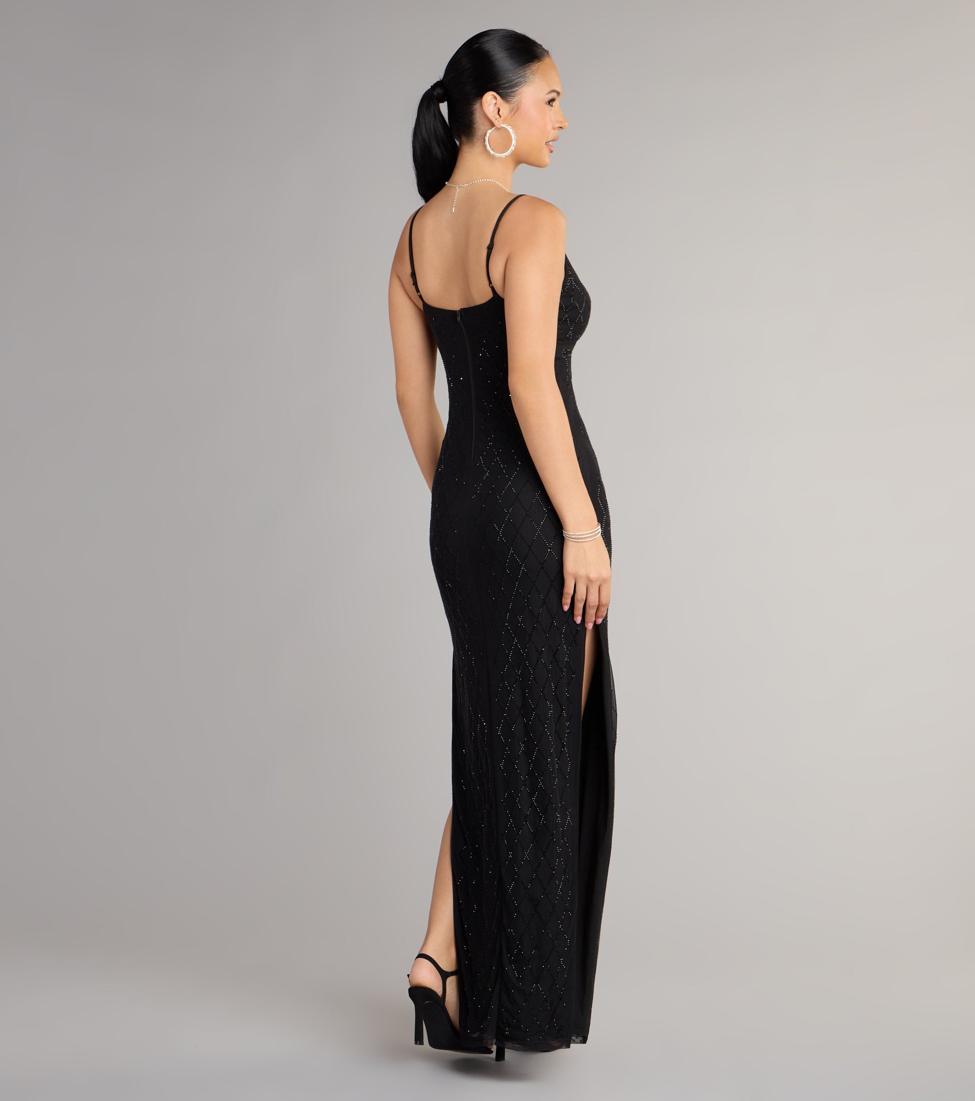 Arianna Rhinestone Mesh High Slit Column Dress - BLACK