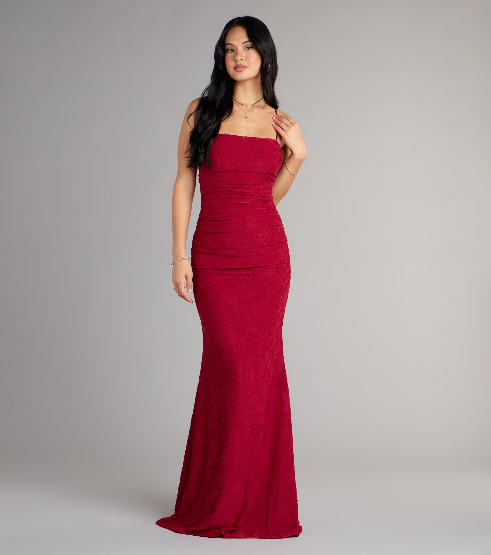Alba Cowl Neck Mermaid Floral Formal Dress - RED