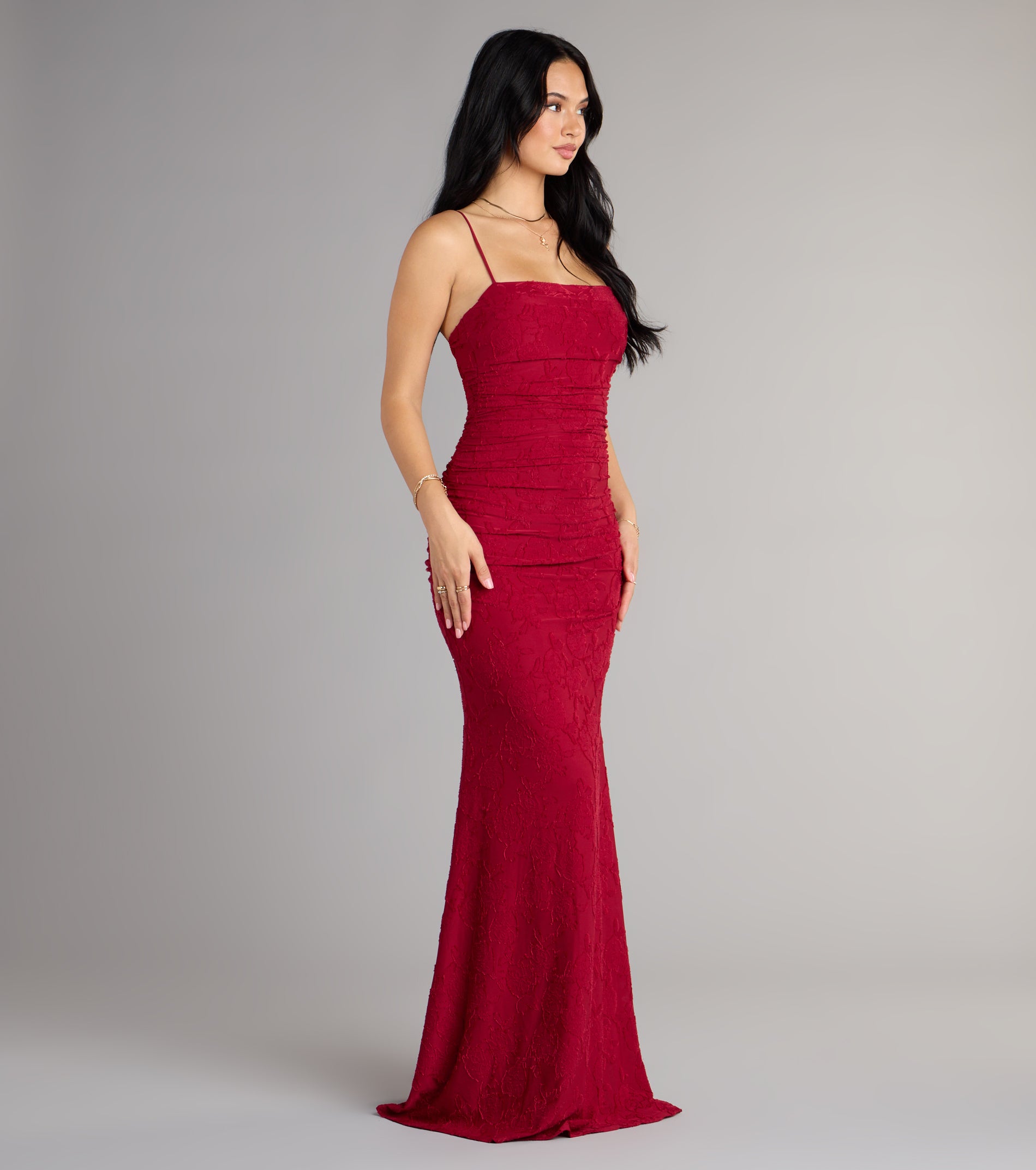 Alba Cowl Neck Mermaid Floral Formal Dress - RED
