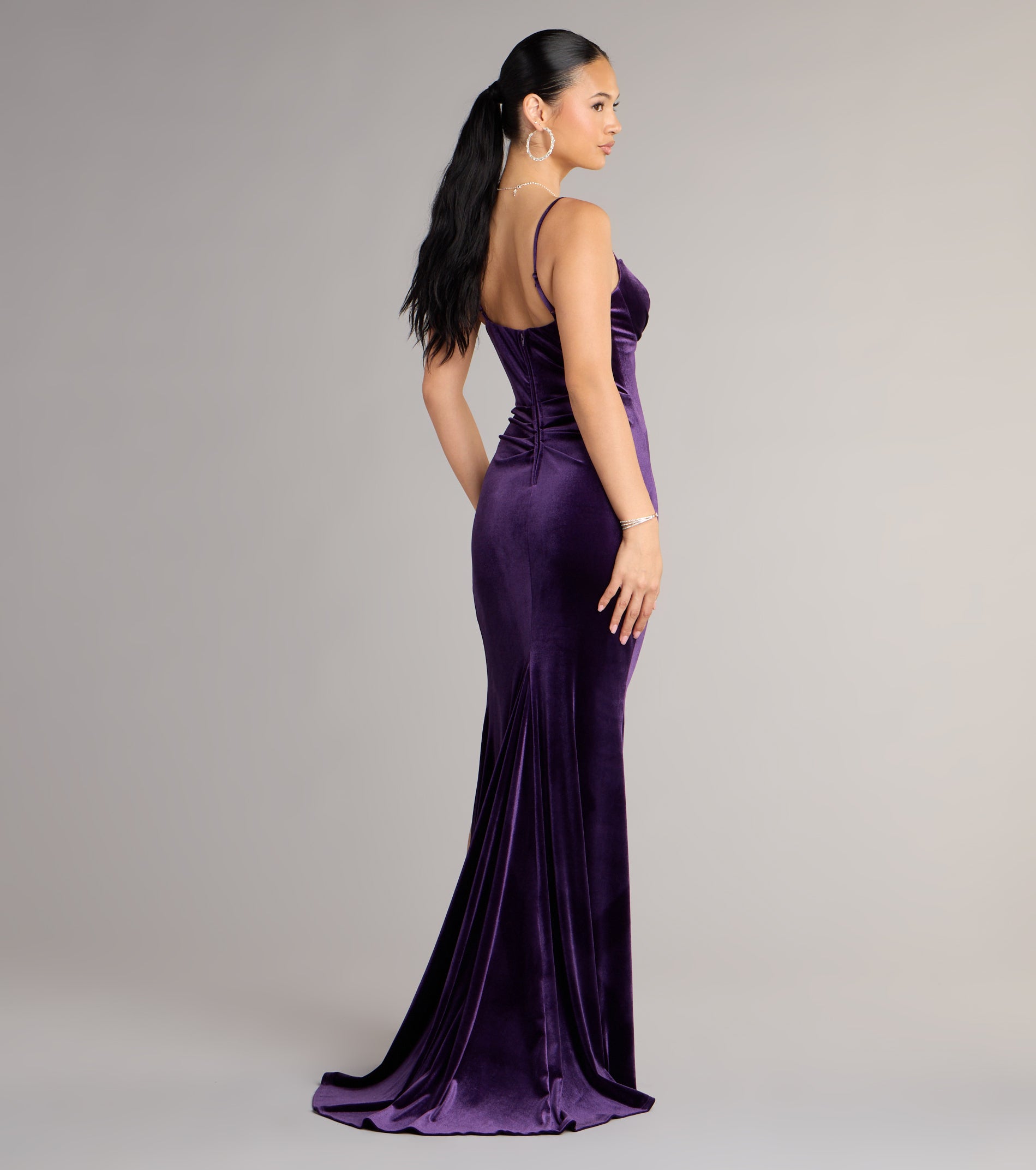 Ariel Velvet Slit Mermaid Formal Dress - PURPLE