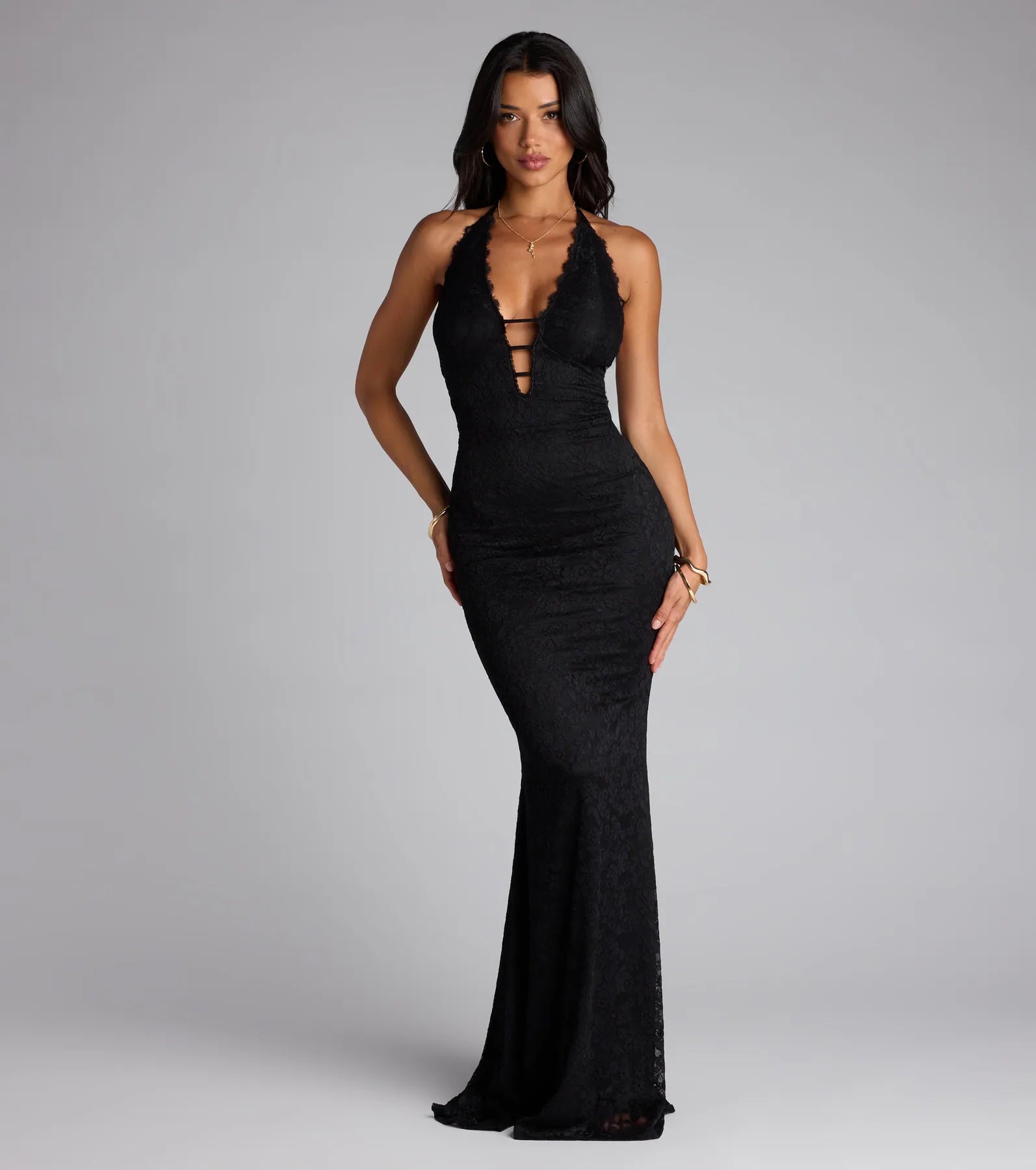 Lane Halter Strappy Lace Mermaid Formal Dress - BLACK