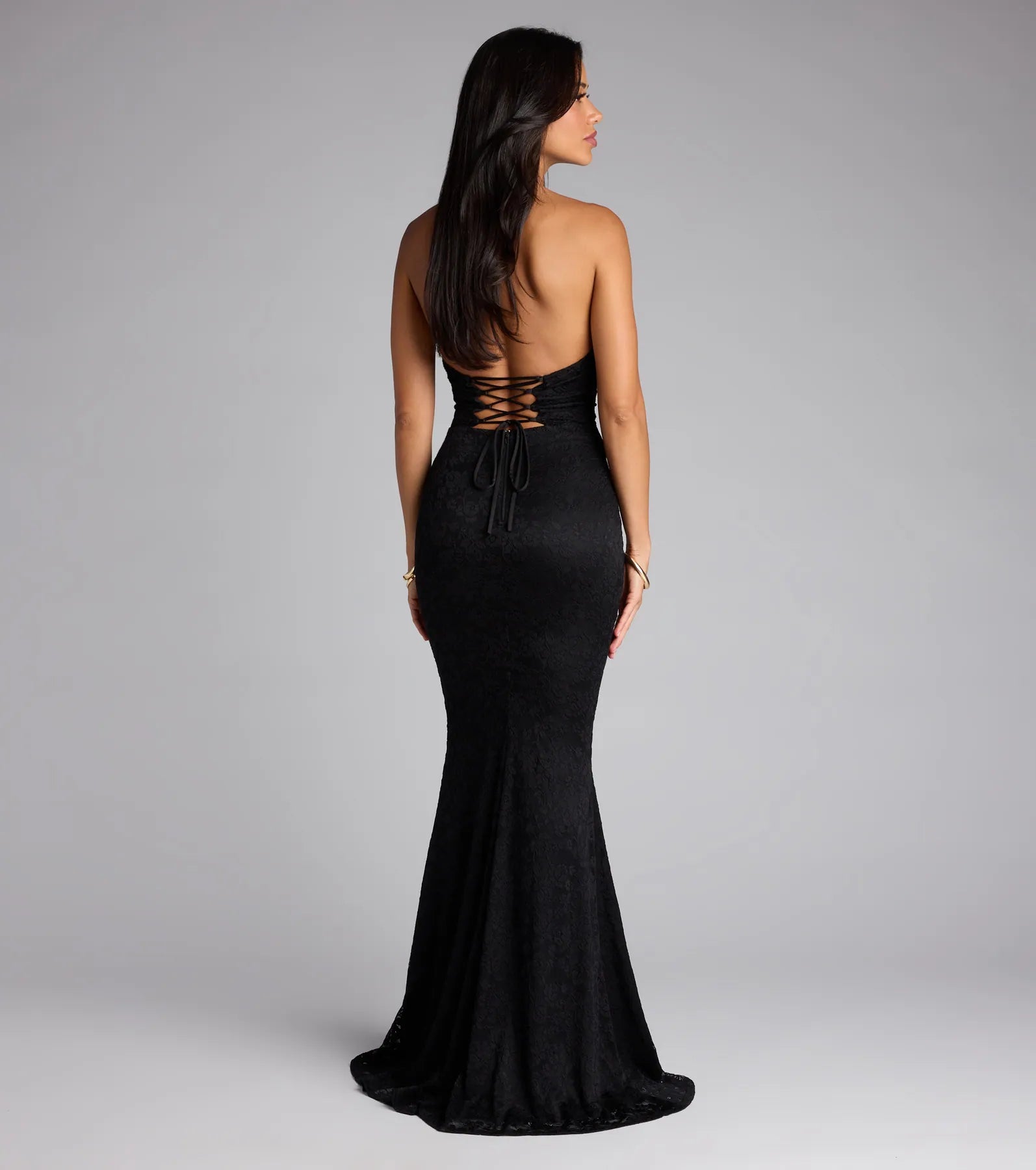 Lane Halter Strappy Lace Mermaid Formal Dress - BLACK