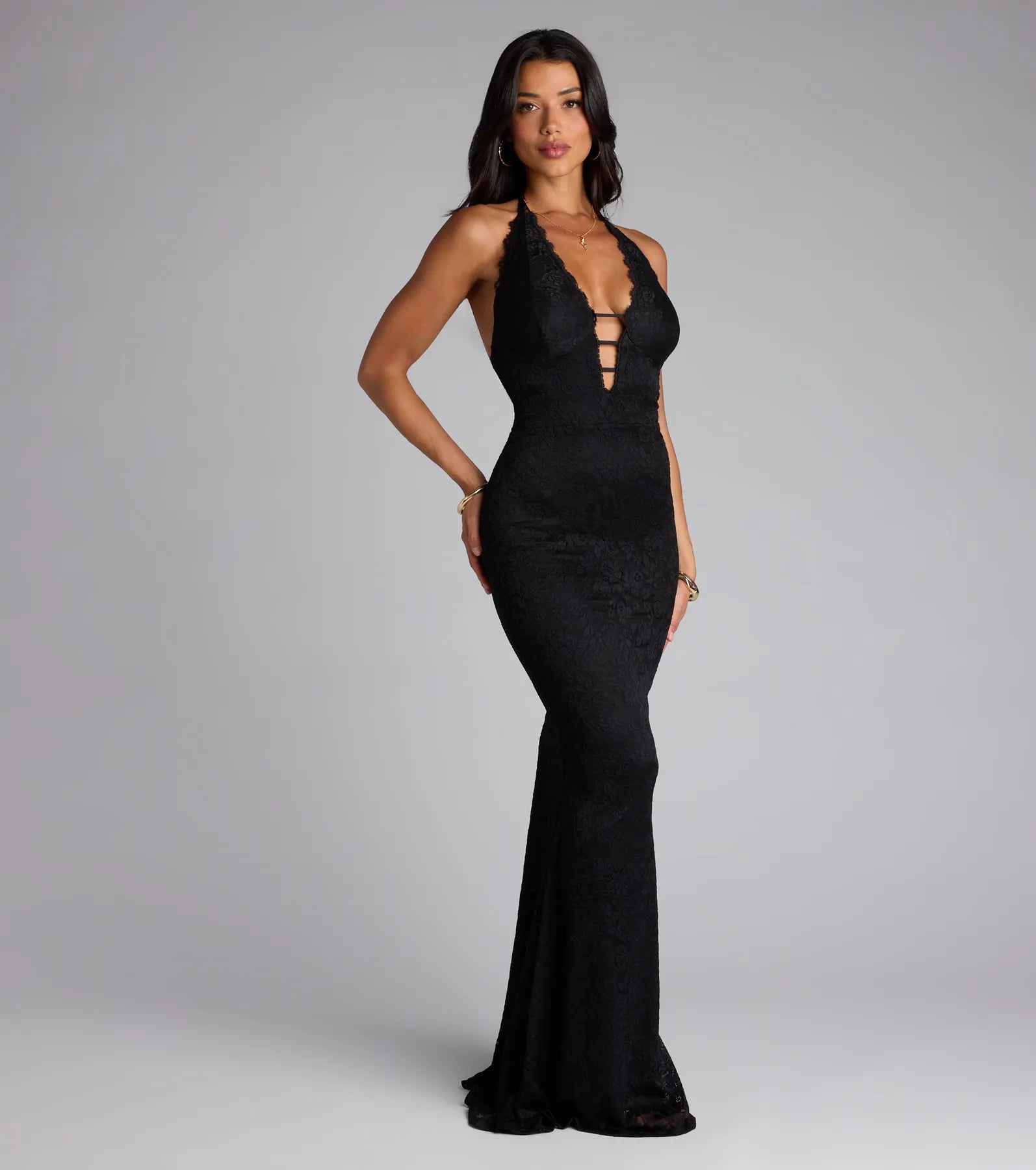 Lane Halter Strappy Lace Mermaid Formal Dress - BLACK