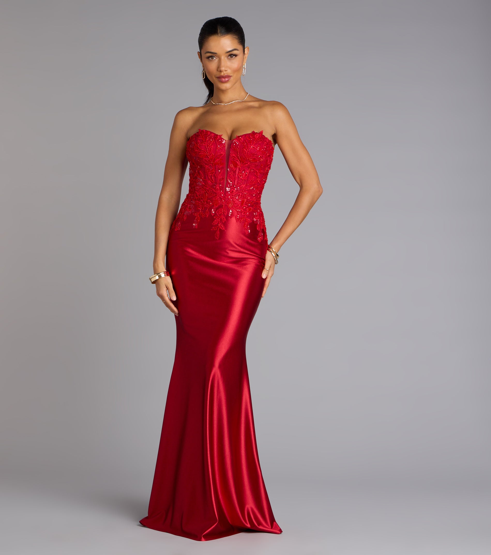 Valeria Satin Lace Corset Mermaid Formal Dress - RED