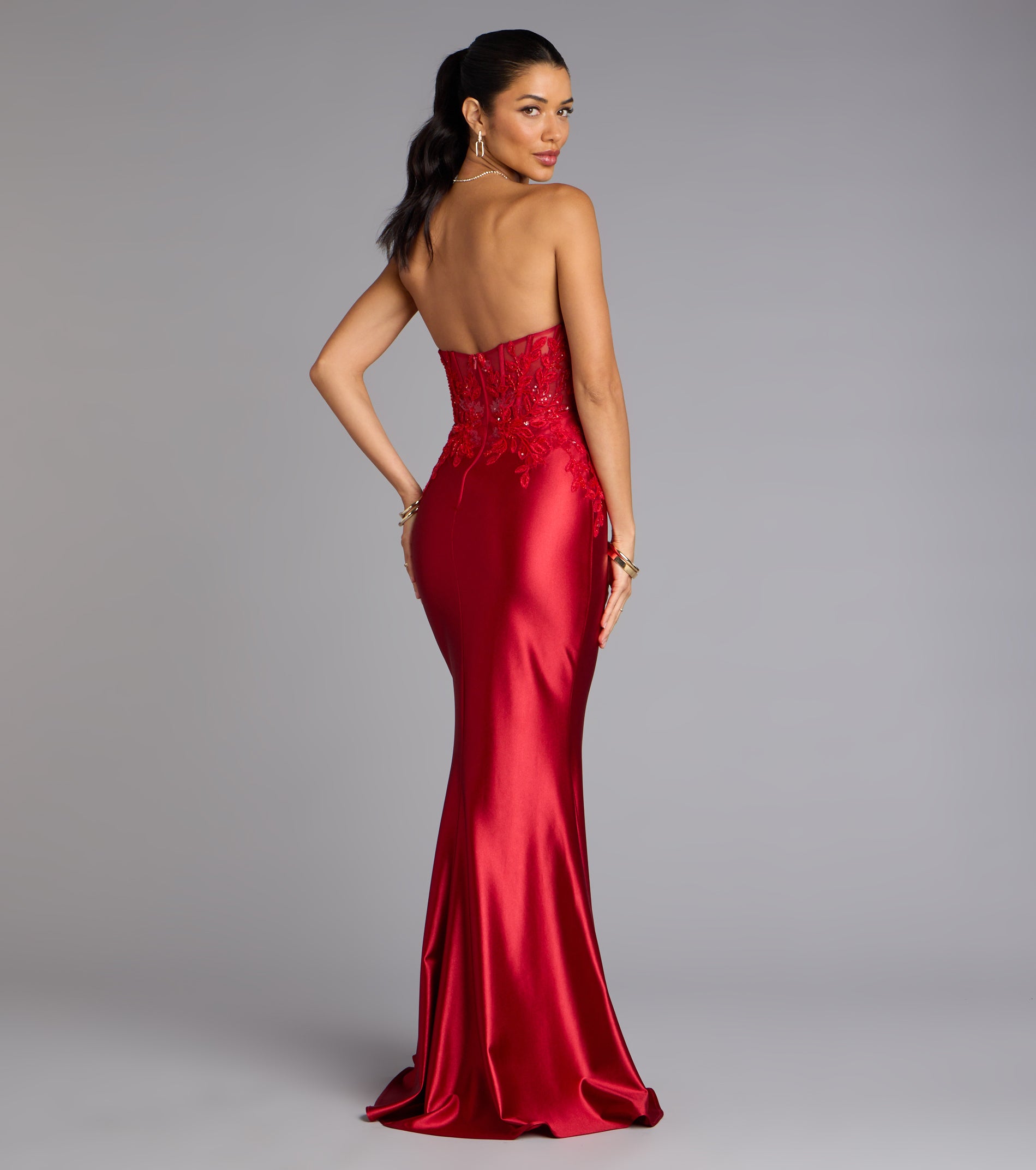 Valeria Satin Lace Corset Mermaid Formal Dress - RED