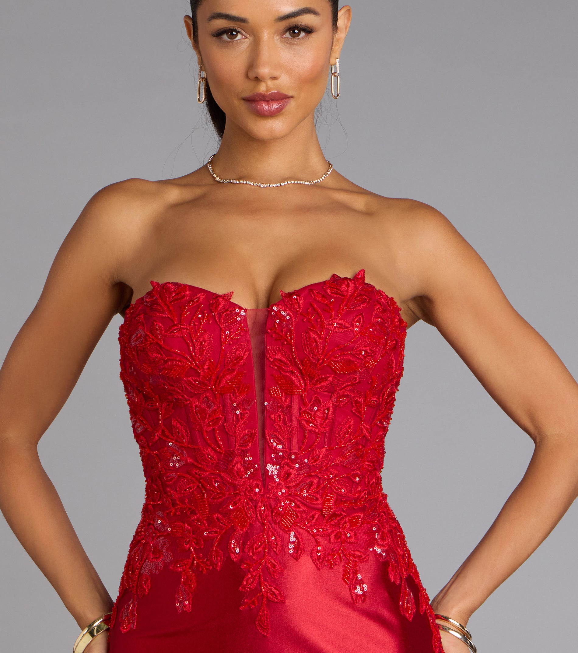 Valeria Satin Lace Corset Mermaid Formal Dress - RED