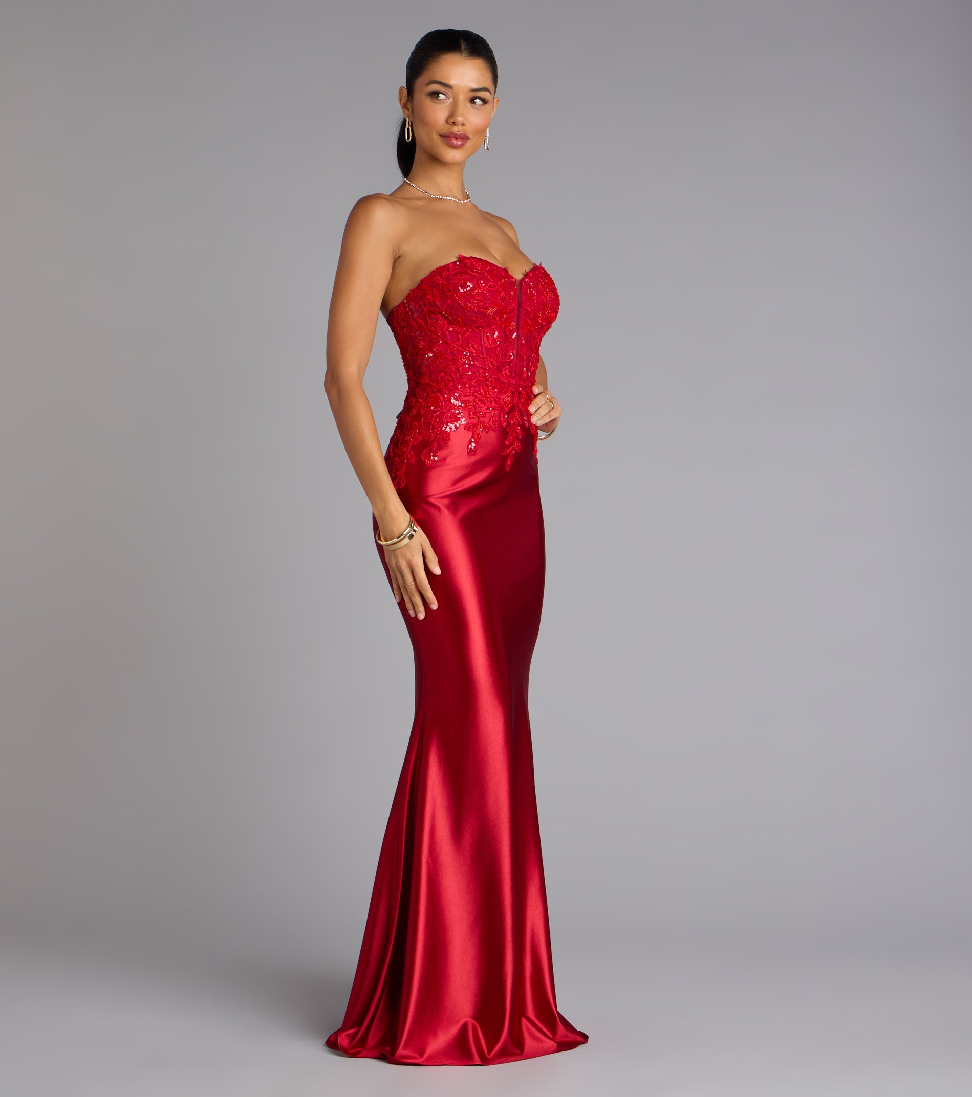 Valeria Satin Lace Corset Mermaid Formal Dress - RED