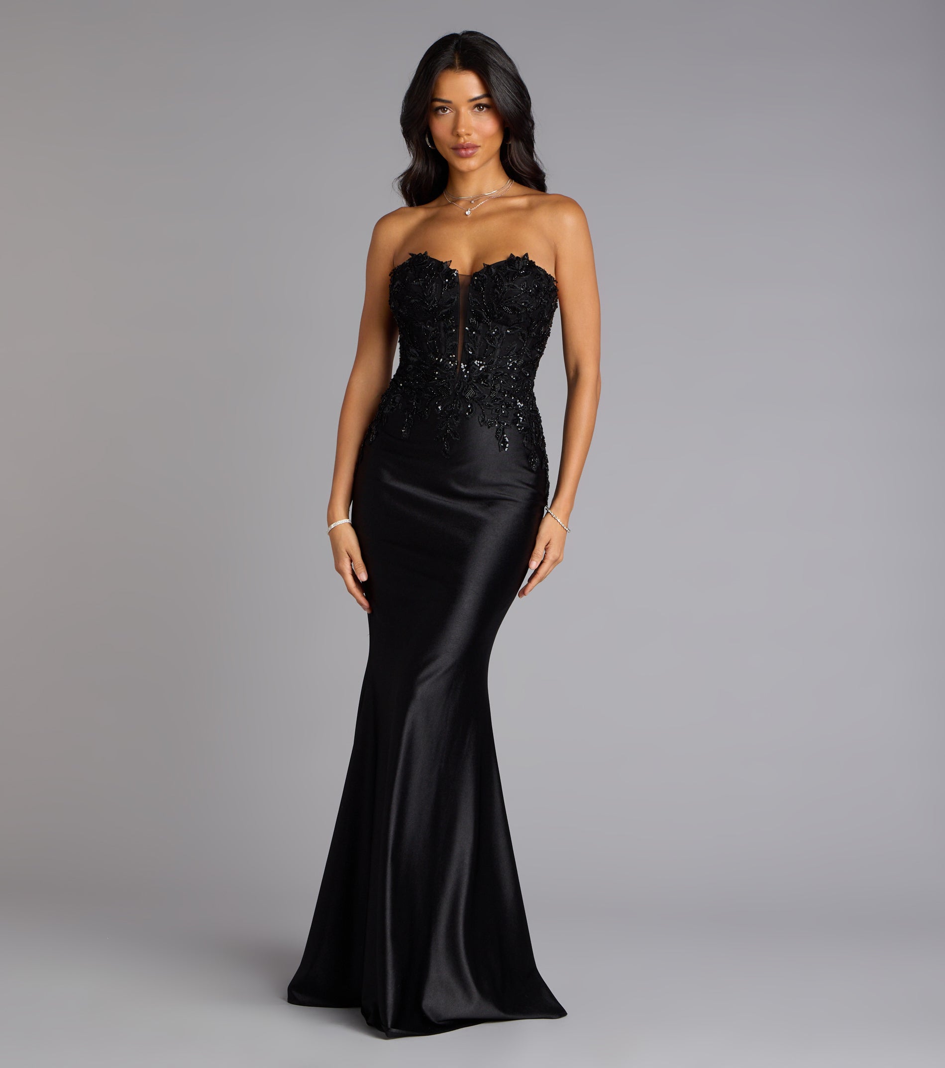 Valeria Satin Lace Corset Mermaid Formal Dress - BLACK