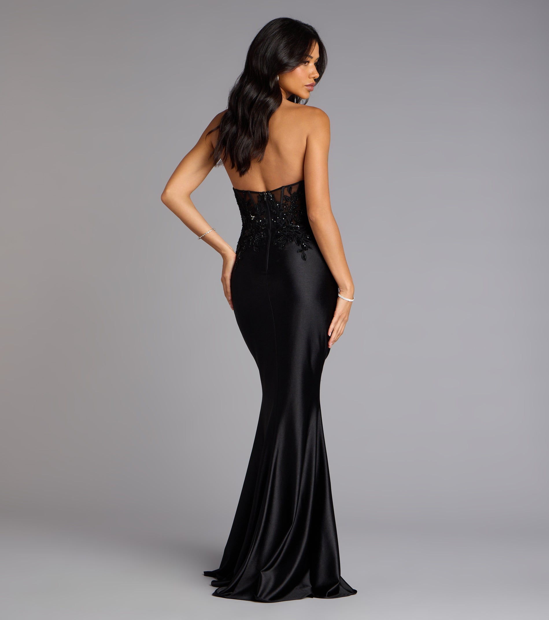 Valeria Satin Lace Corset Mermaid Formal Dress - BLACK