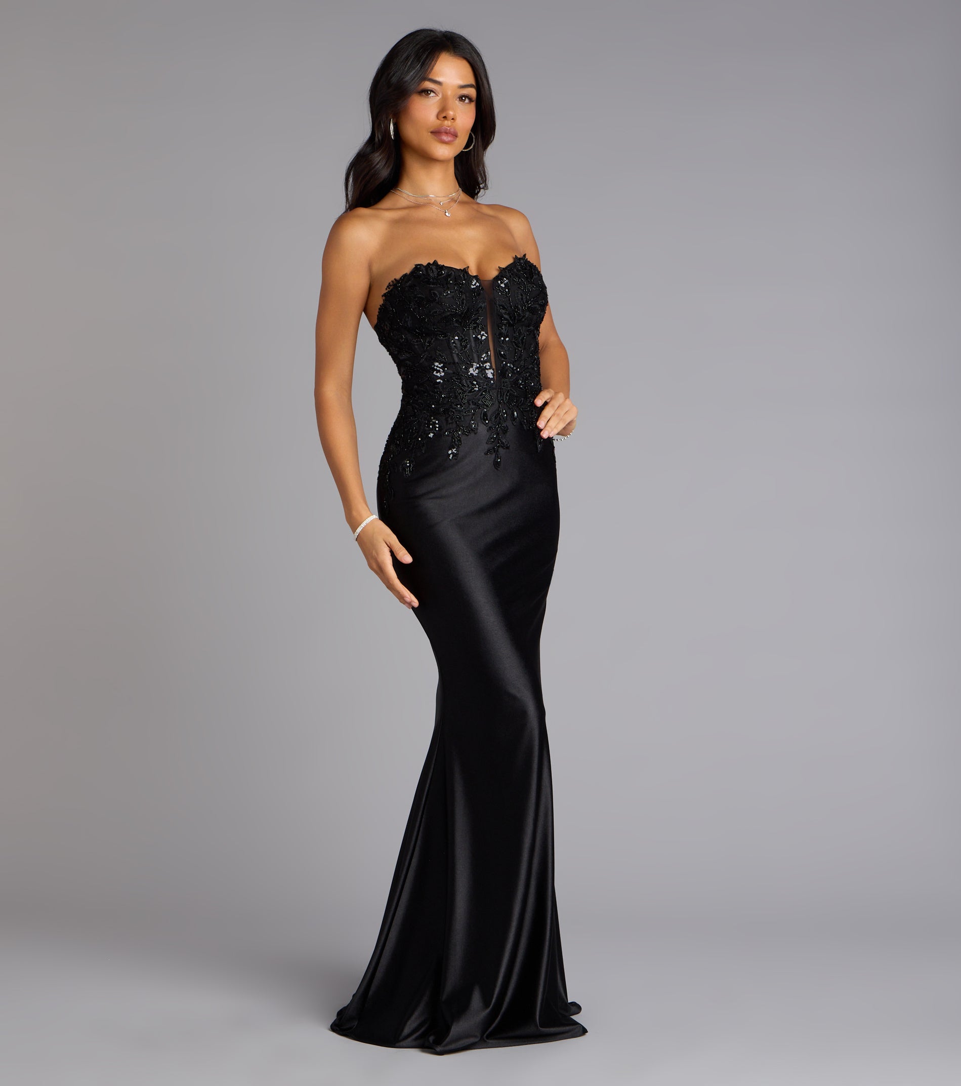 Valeria Satin Lace Corset Mermaid Formal Dress - BLACK