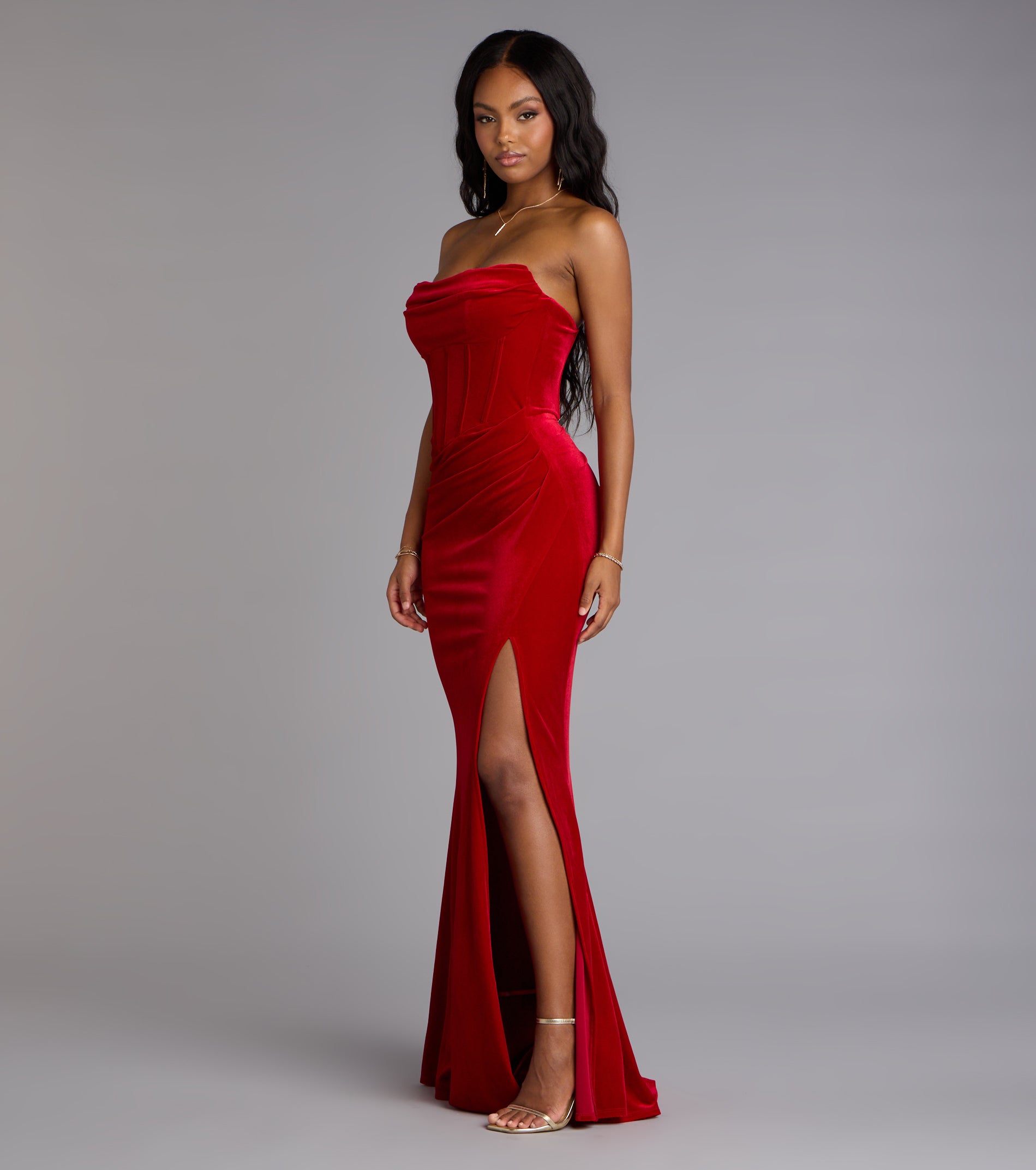 Julia Velvet Corset High Slit Mermaid Dress - RED
