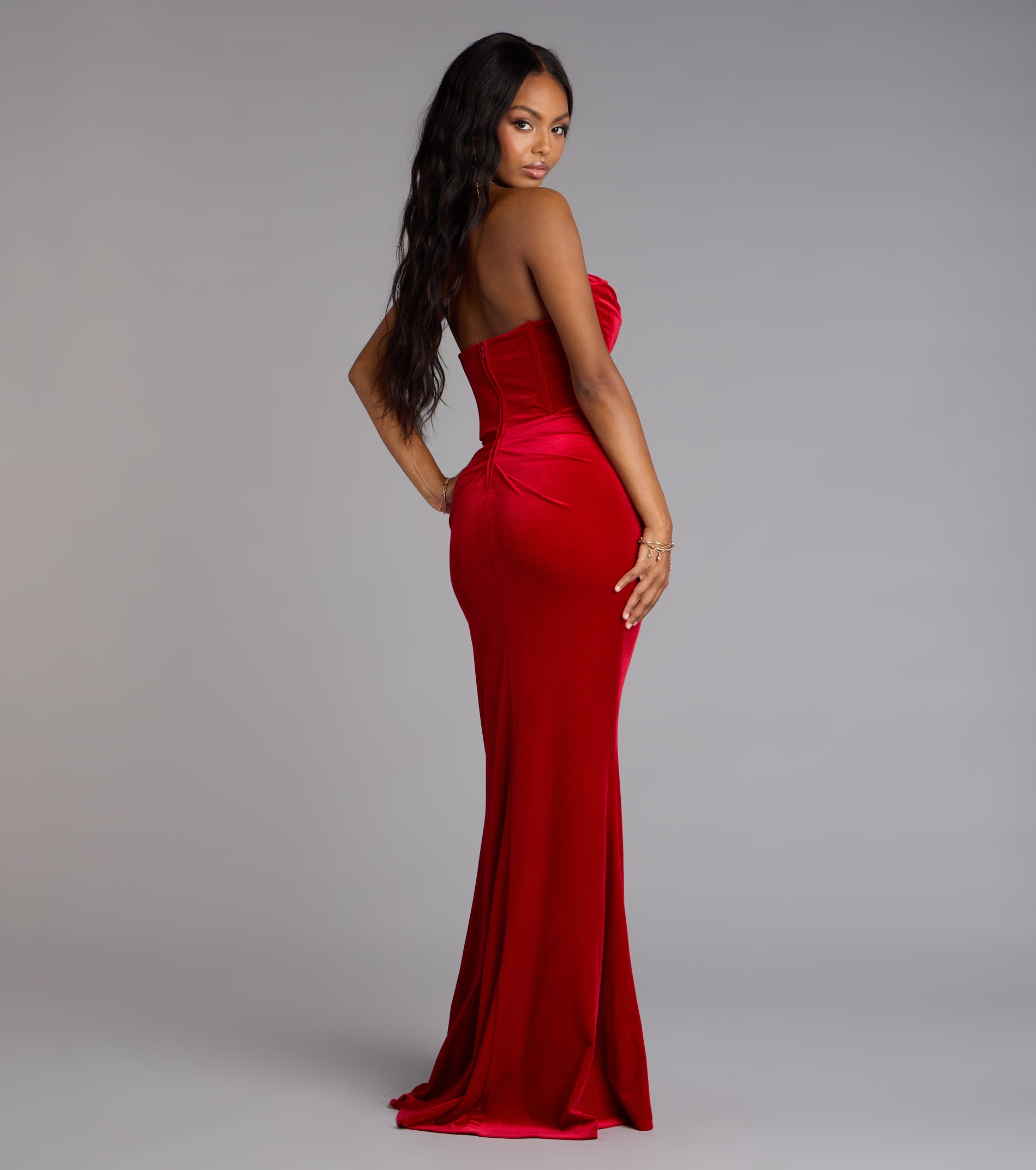 Julia Velvet Corset High Slit Mermaid Dress - RED
