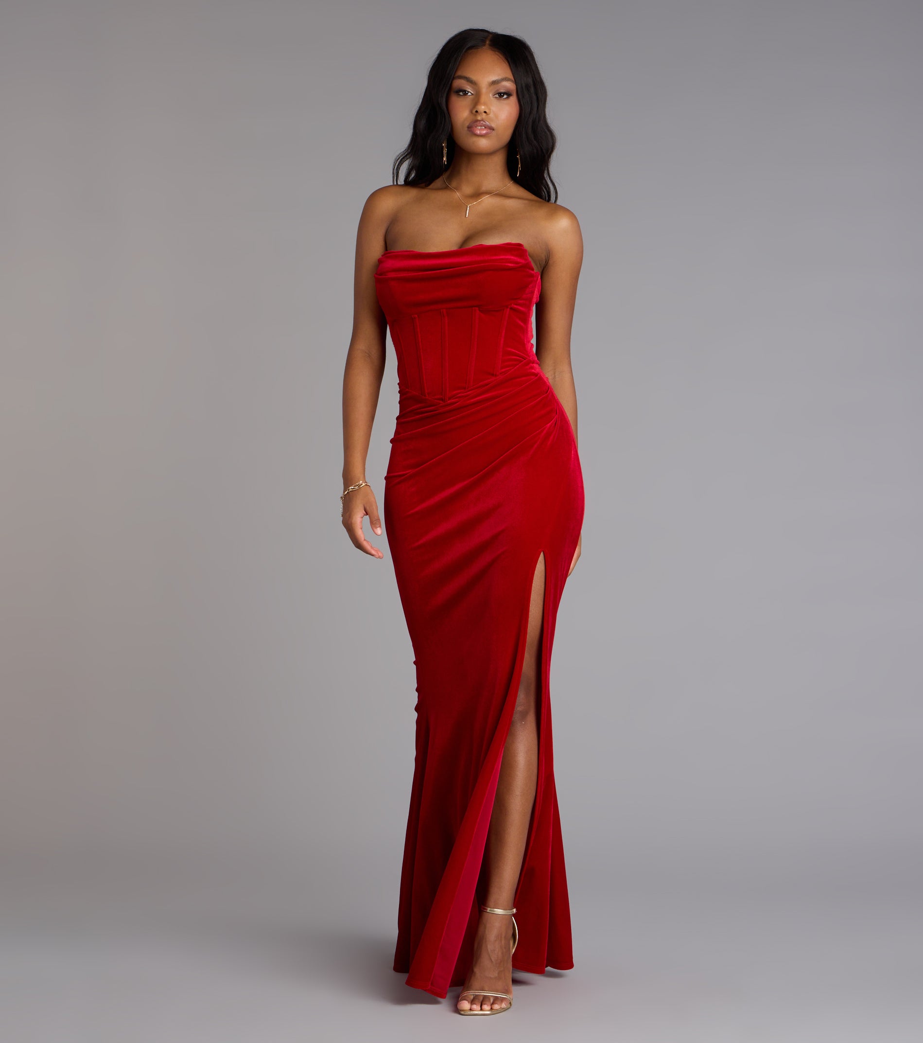 Julia Velvet Corset High Slit Mermaid Dress - RED