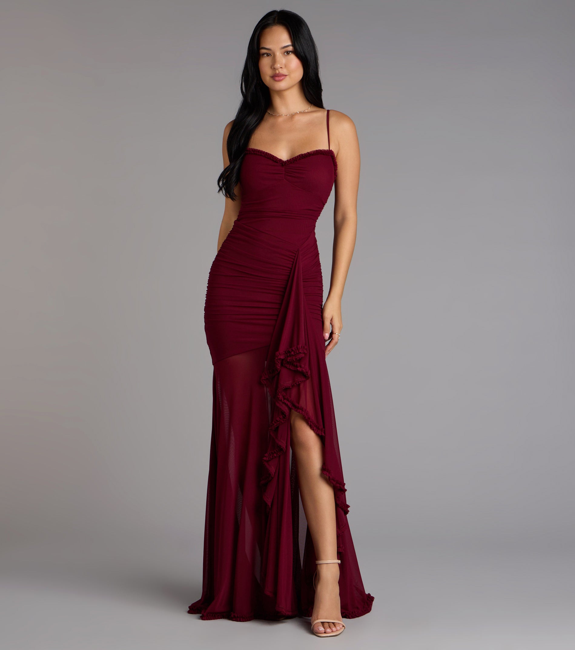 Sherrie Mesh Slit Mermaid Formal Dress - WINE