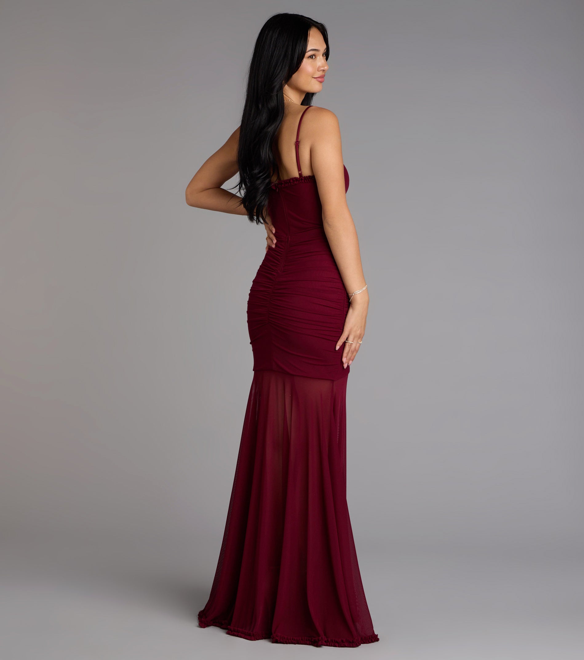 Sherrie Mesh Slit Mermaid Formal Dress - WINE