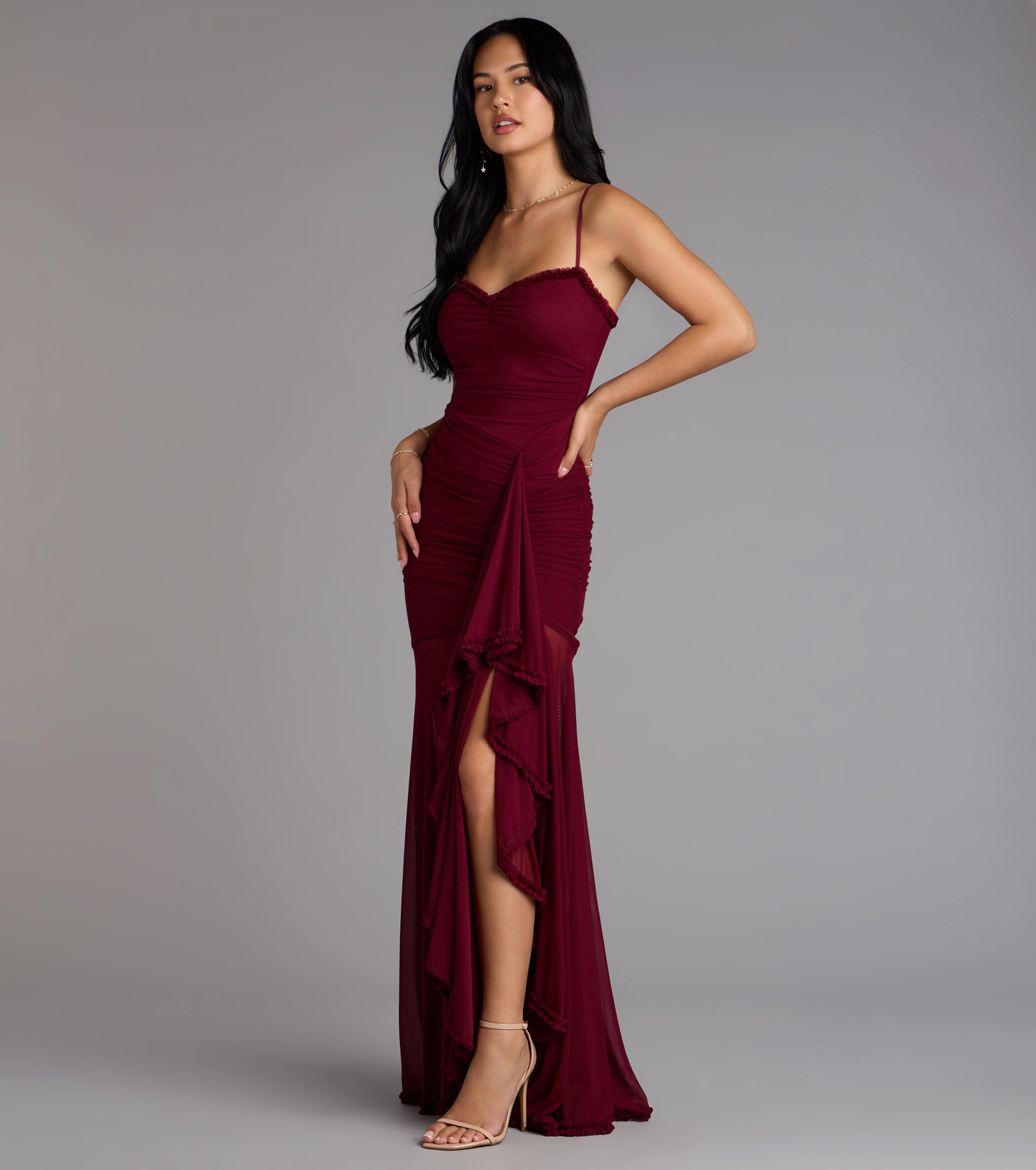 Sherrie Mesh Slit Mermaid Formal Dress - WINE