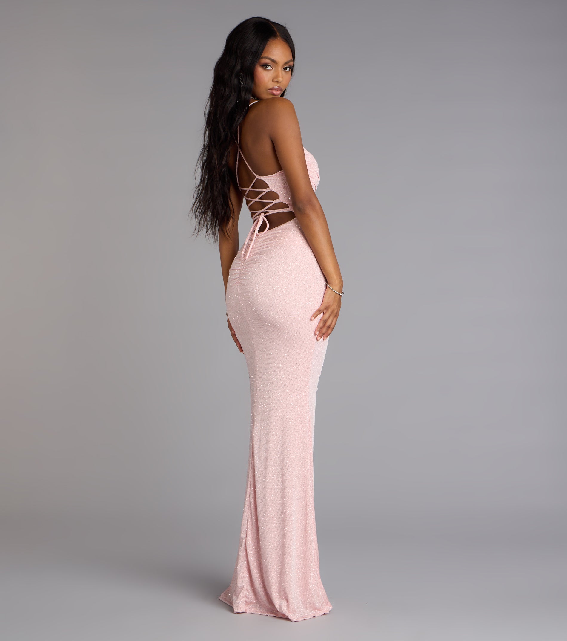 Diane Lace-Up Slit Mermaid Glitter Formal Dress - PINK
