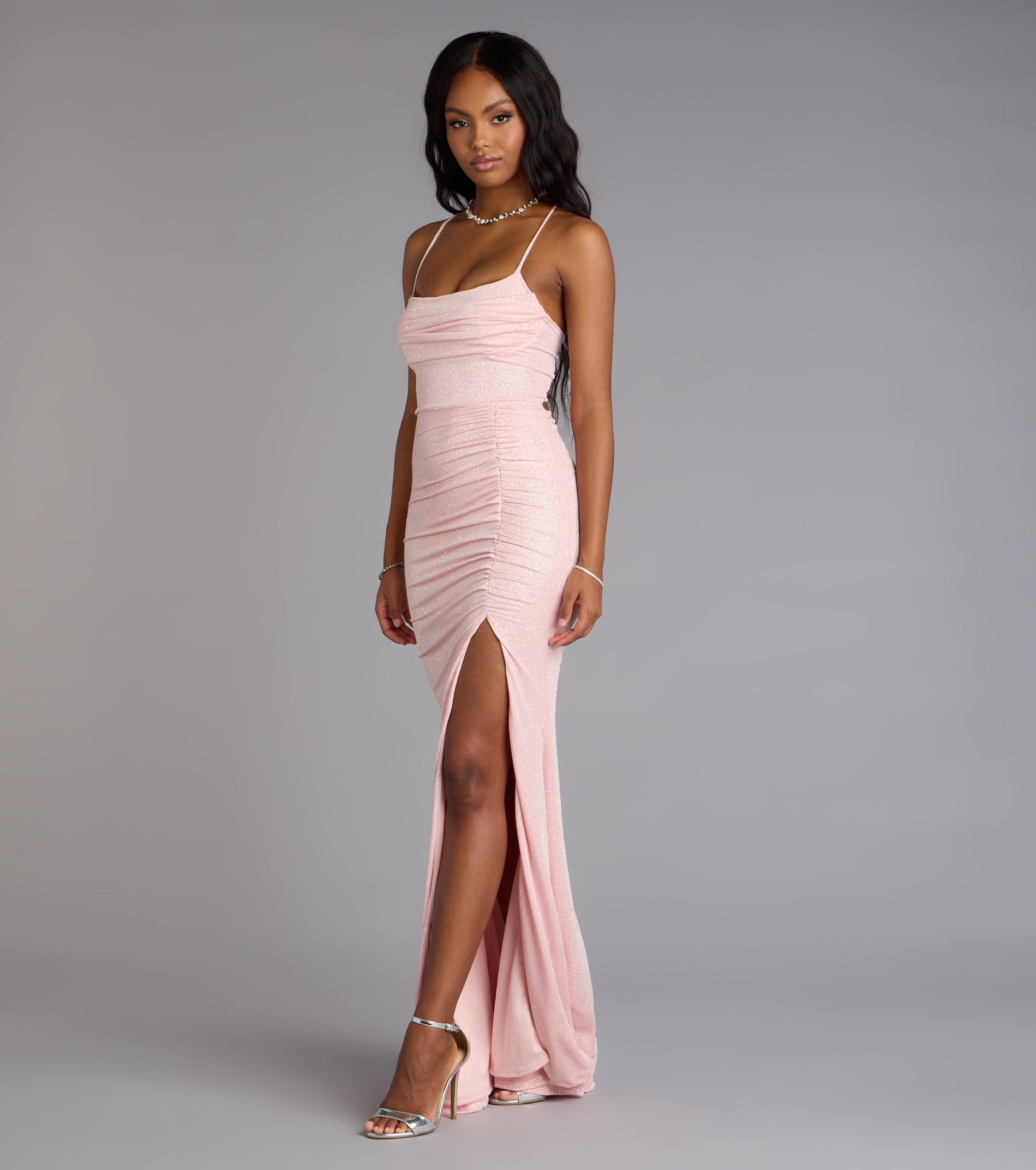 Diane Lace-Up Slit Mermaid Glitter Formal Dress - PINK