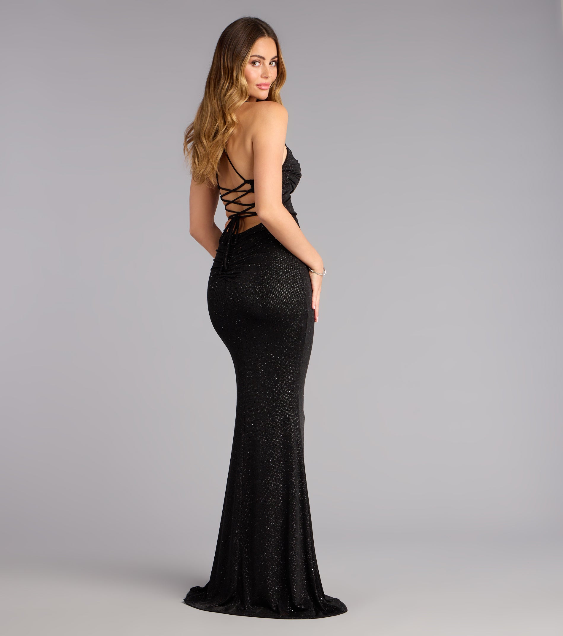 Diane Lace-Up Slit Mermaid Glitter Formal Dress - BLACK-2