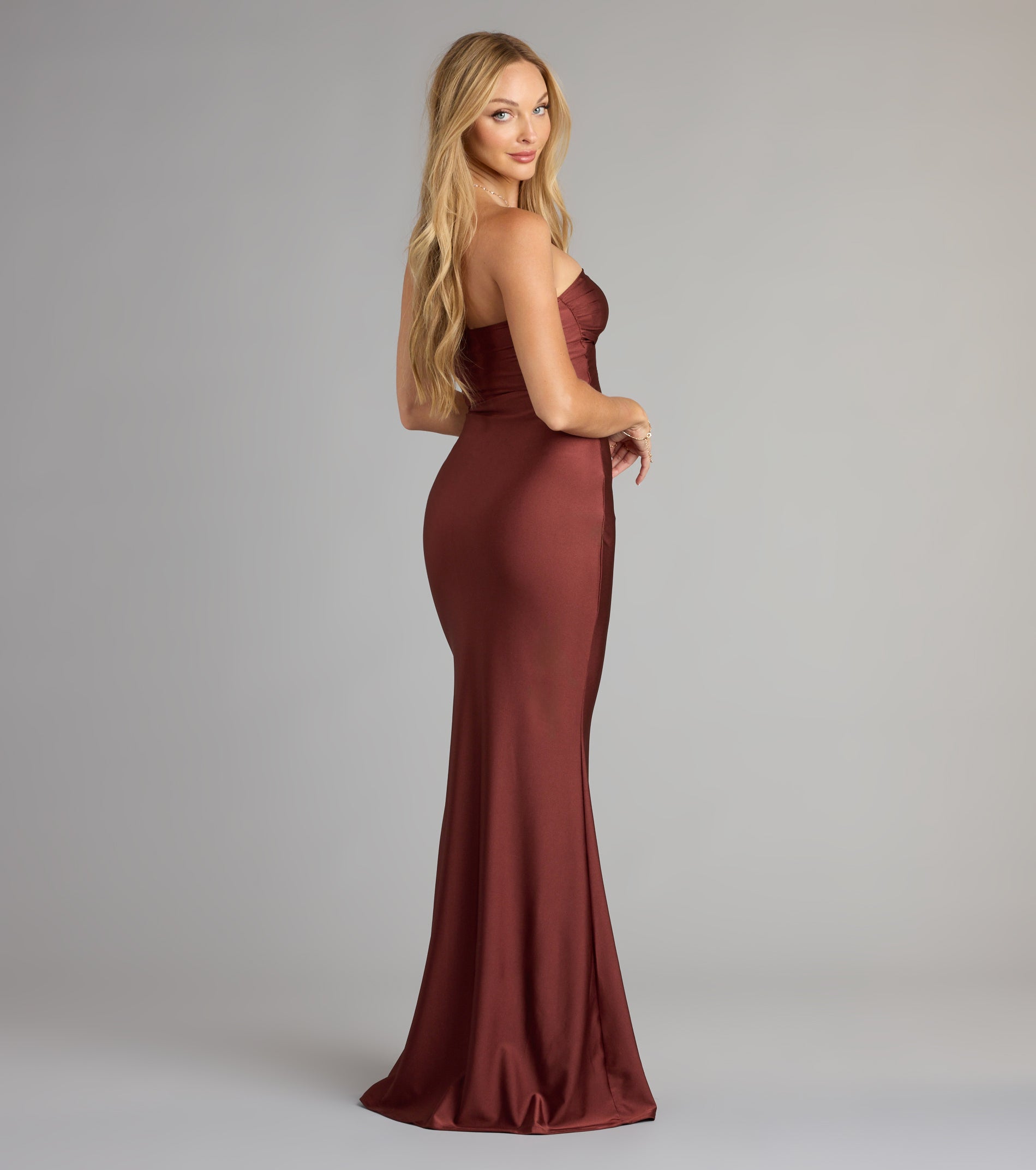 Cheryl Strapless Slit Mermaid Formal Dress - RED BROWN
