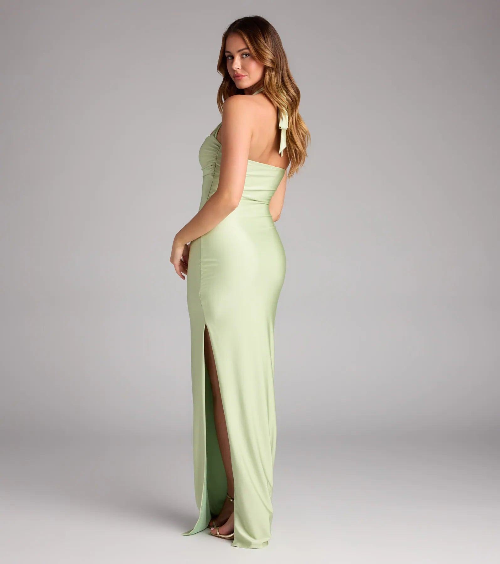 Beverly Halter Slit Long Formal Dress - SAGE