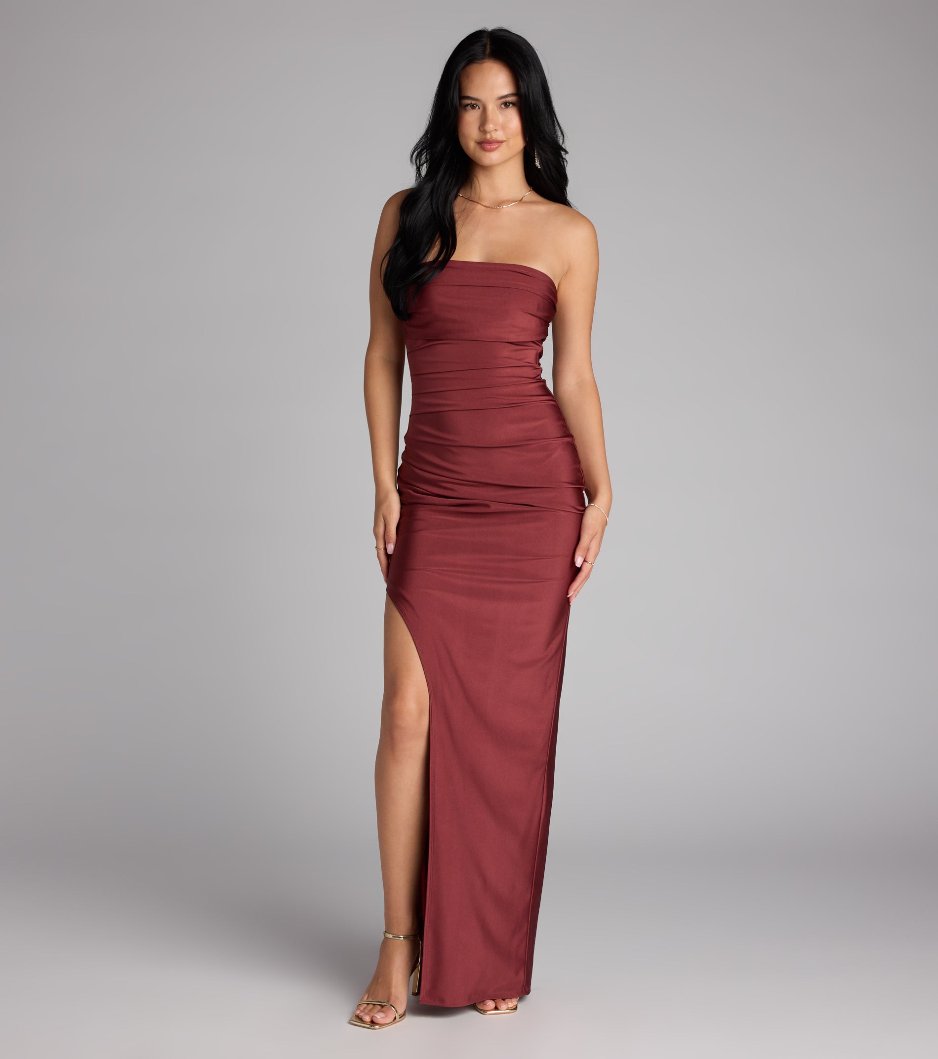 Anisley Strapless High Slit Column Formal Dress - DARK MARSALA