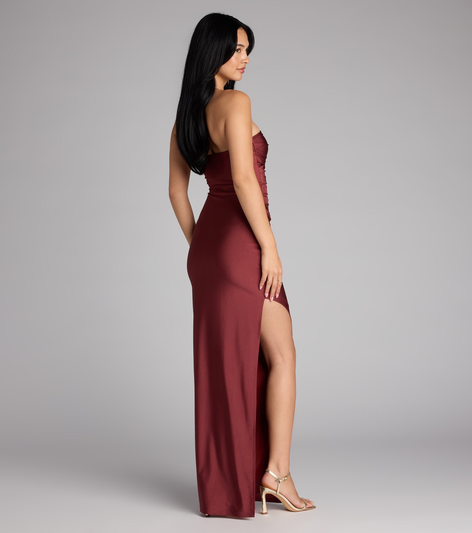 Anisley Strapless High Slit Column Formal Dress - DARK MARSALA