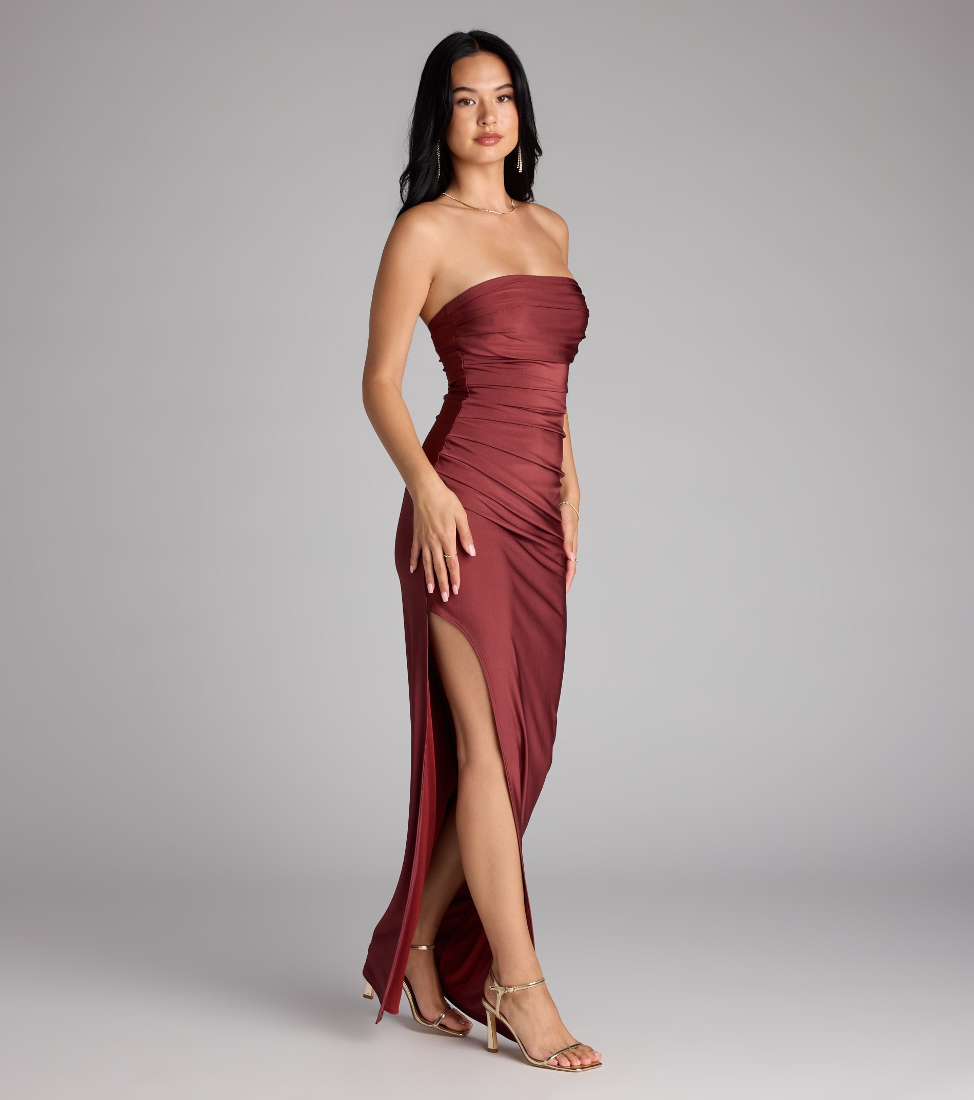 Anisley Strapless High Slit Column Formal Dress - DARK MARSALA